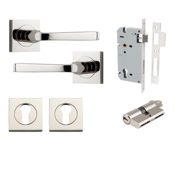 Iver Door Handle Annecy Square Rose Pair Key/Key Polished Nickel Entrance Kit