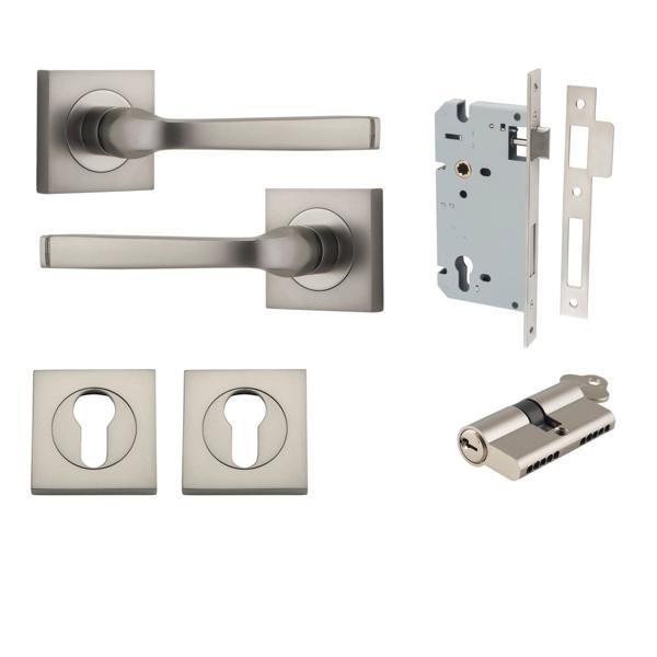 Iver Door Handle Annecy Square Rose Pair Key/Key Satin Nickel Entrance Kit