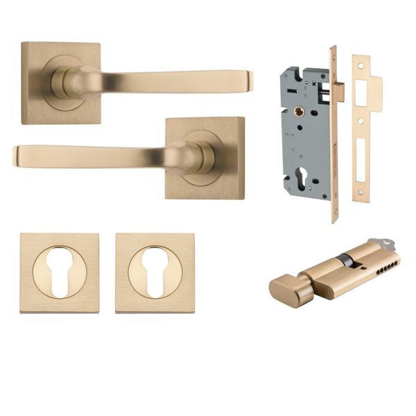 Iver Door Handle Annecy Square Rose Pair Key/Thumb Brushed Brass Entrance Kit