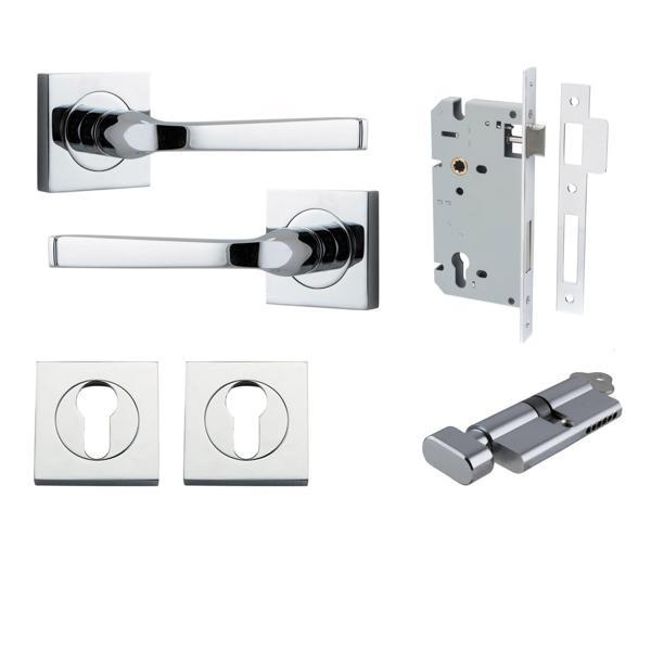 Iver Door Handle Annecy Square Rose Pair Key/Thumb Polished Chrome Entrance Kit