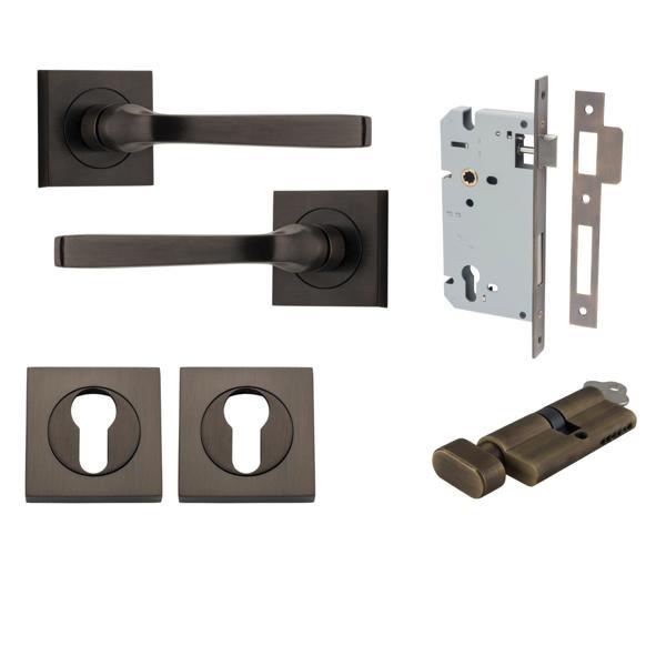 Iver Door Handle Annecy Square Rose Pair Key/Thumb Signature Brass Entrance Kit