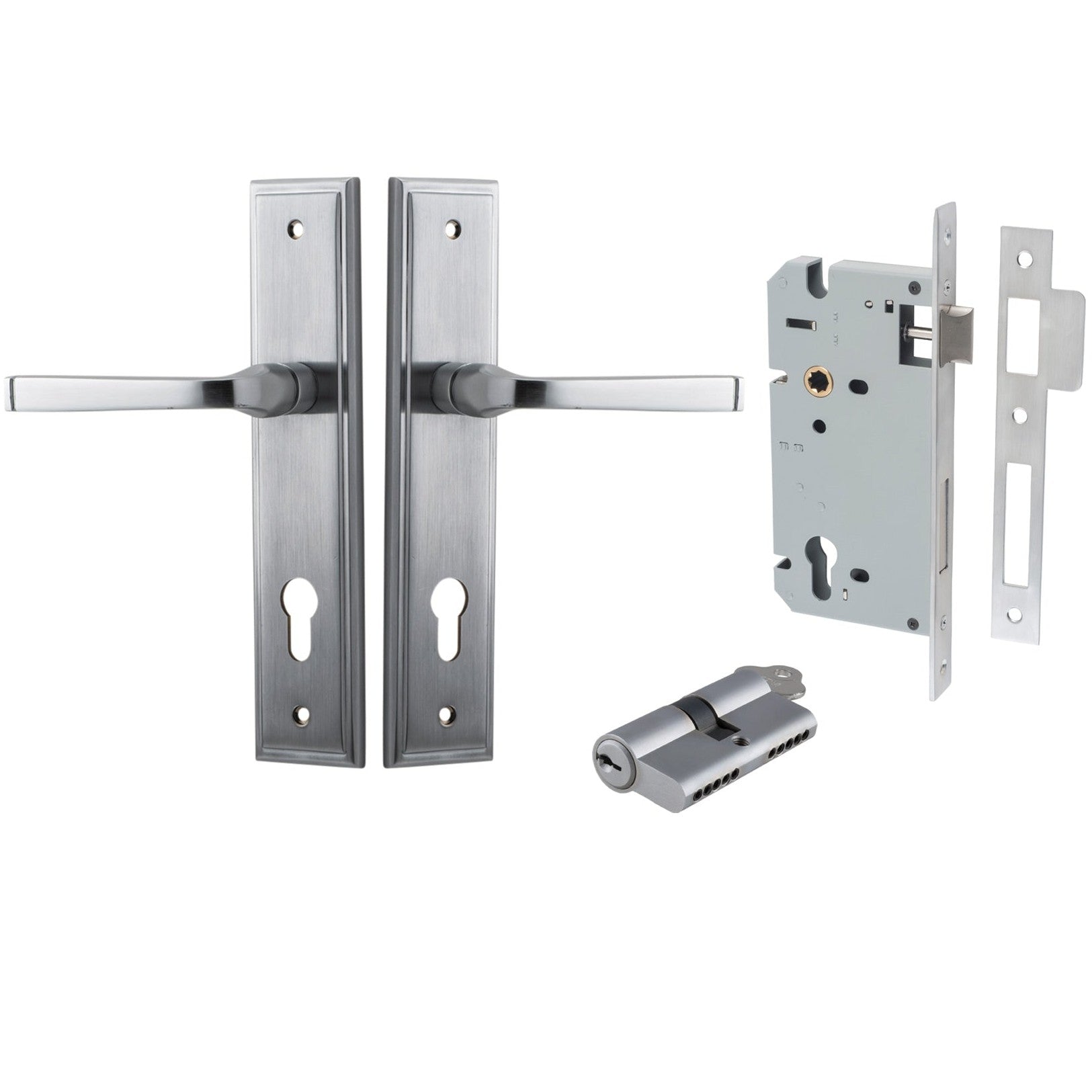 Iver Door Handle Annecy Stepped Euro Key/Key Brushed Chrome Entrance Kit