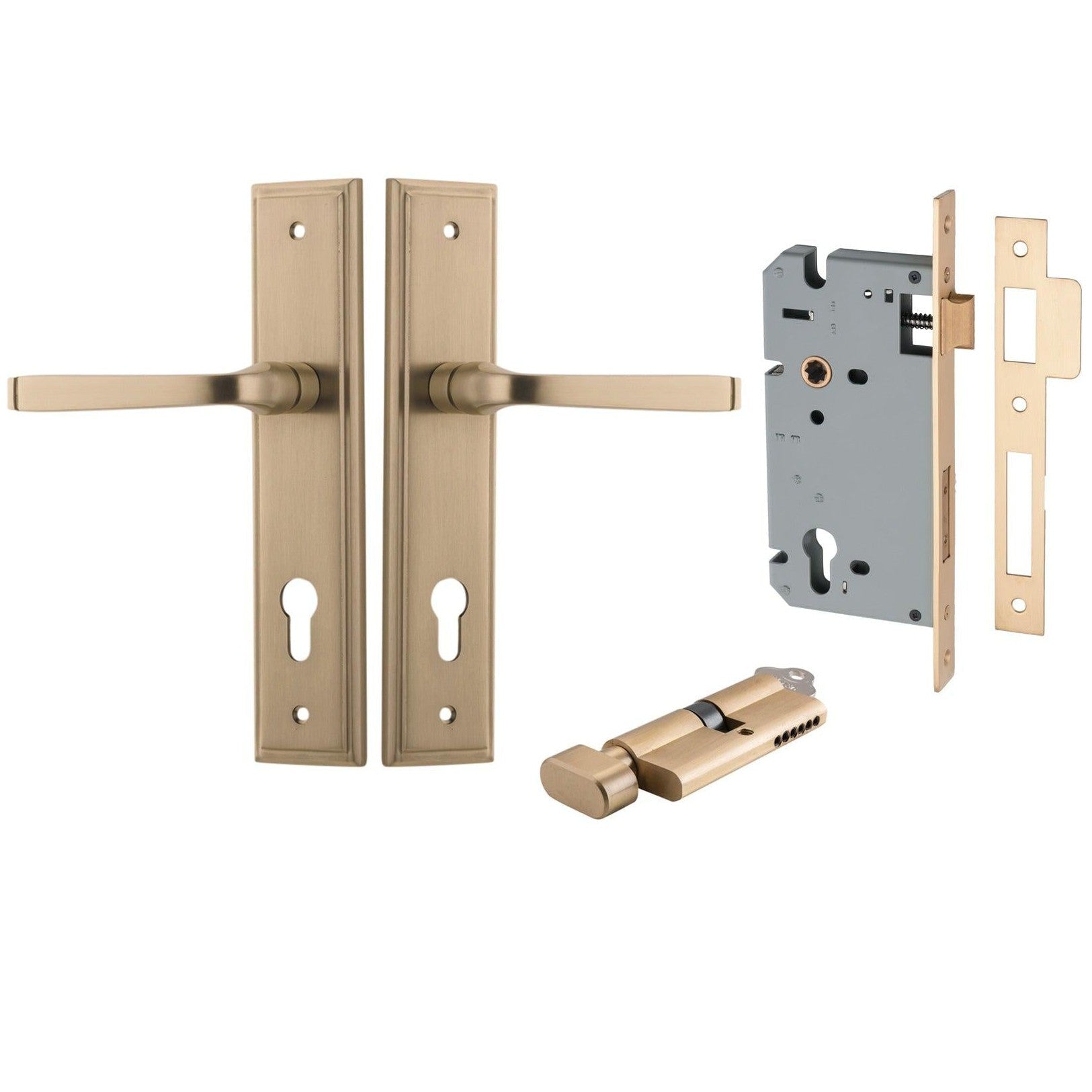 Iver Door Handle Annecy Stepped Euro Key/Thumb Brushed Brass Entrance Kit