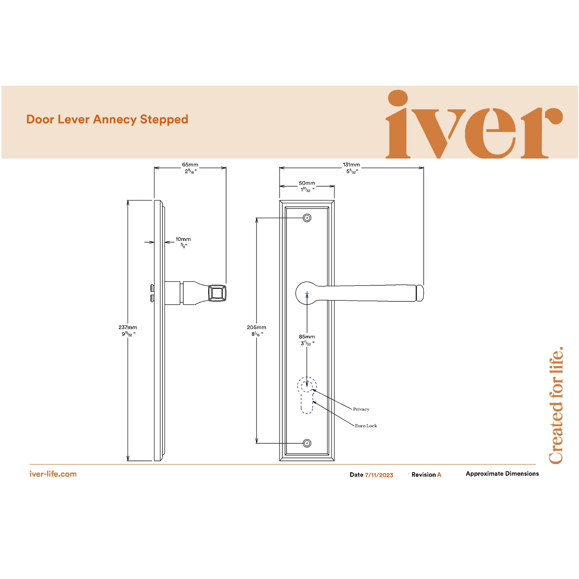 Iver Door Handle Annecy Stepped Privacy Pair Polished Nickel