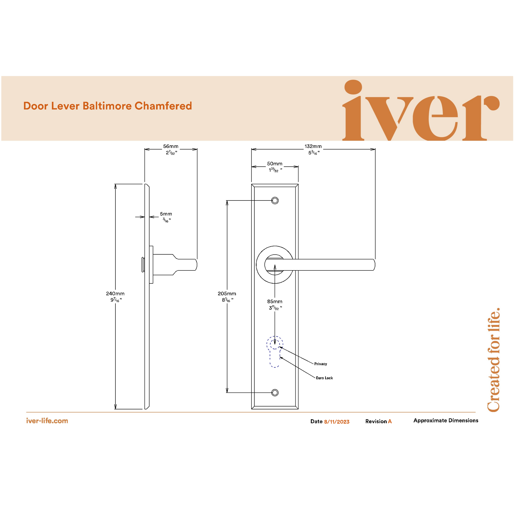 Iver Door Handle Baltimore Chamfered Privacy Polished Brass