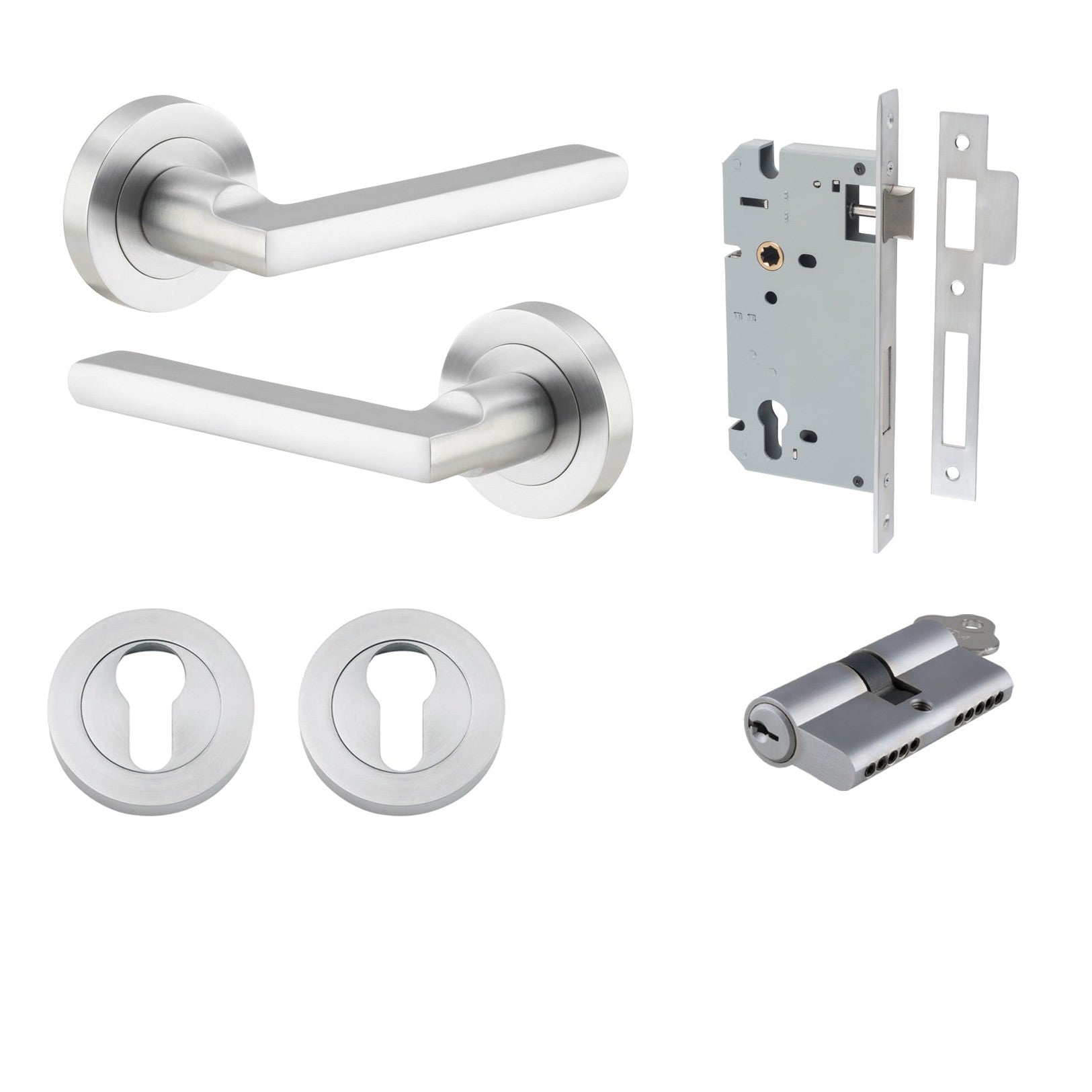 Iver Door Handle Baltimore Round Rose Pair Key/Key Brushed Chrome Entrance Kit