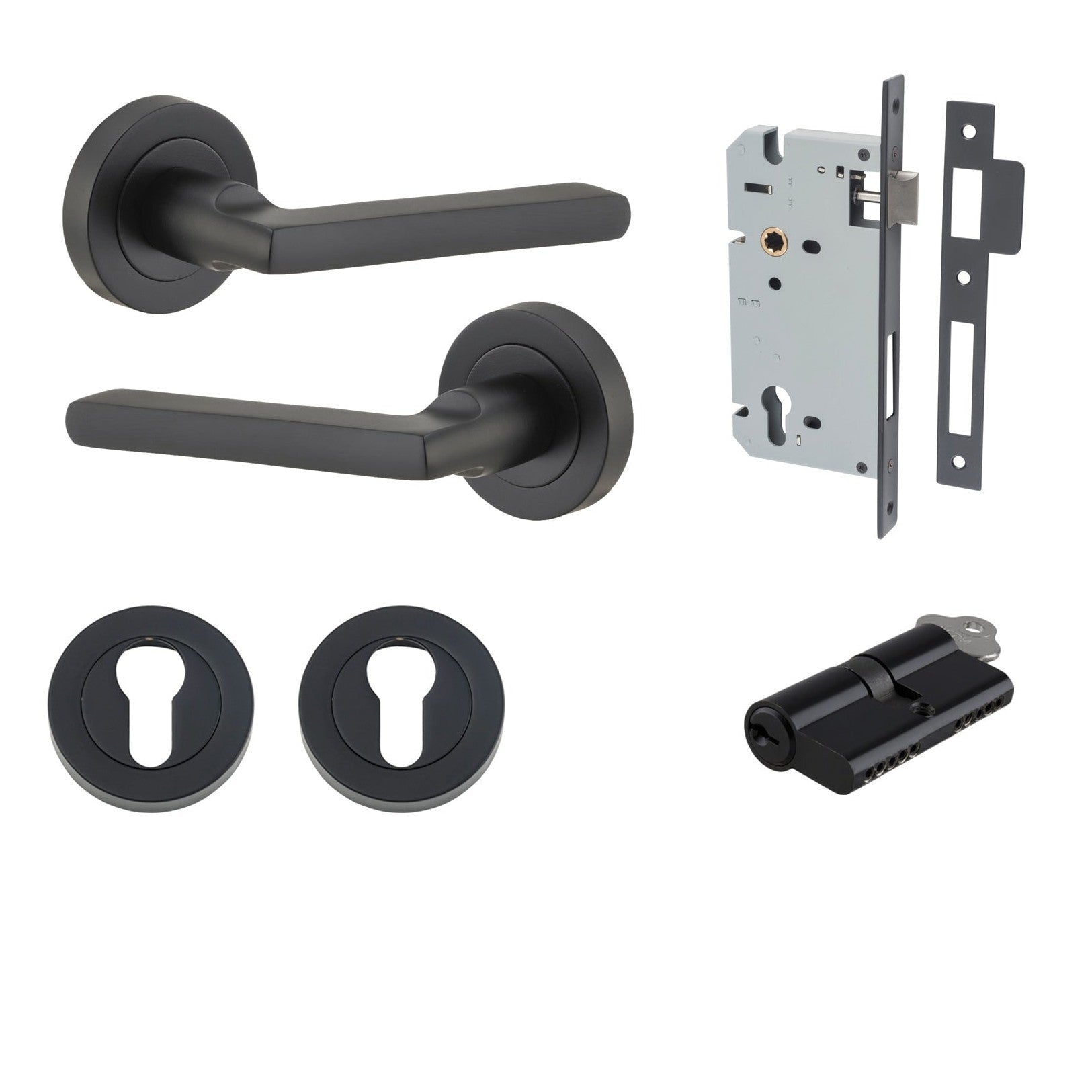 Iver Door Handle Baltimore Round Rose Pair Key/Key Matt Black Entrance Kit