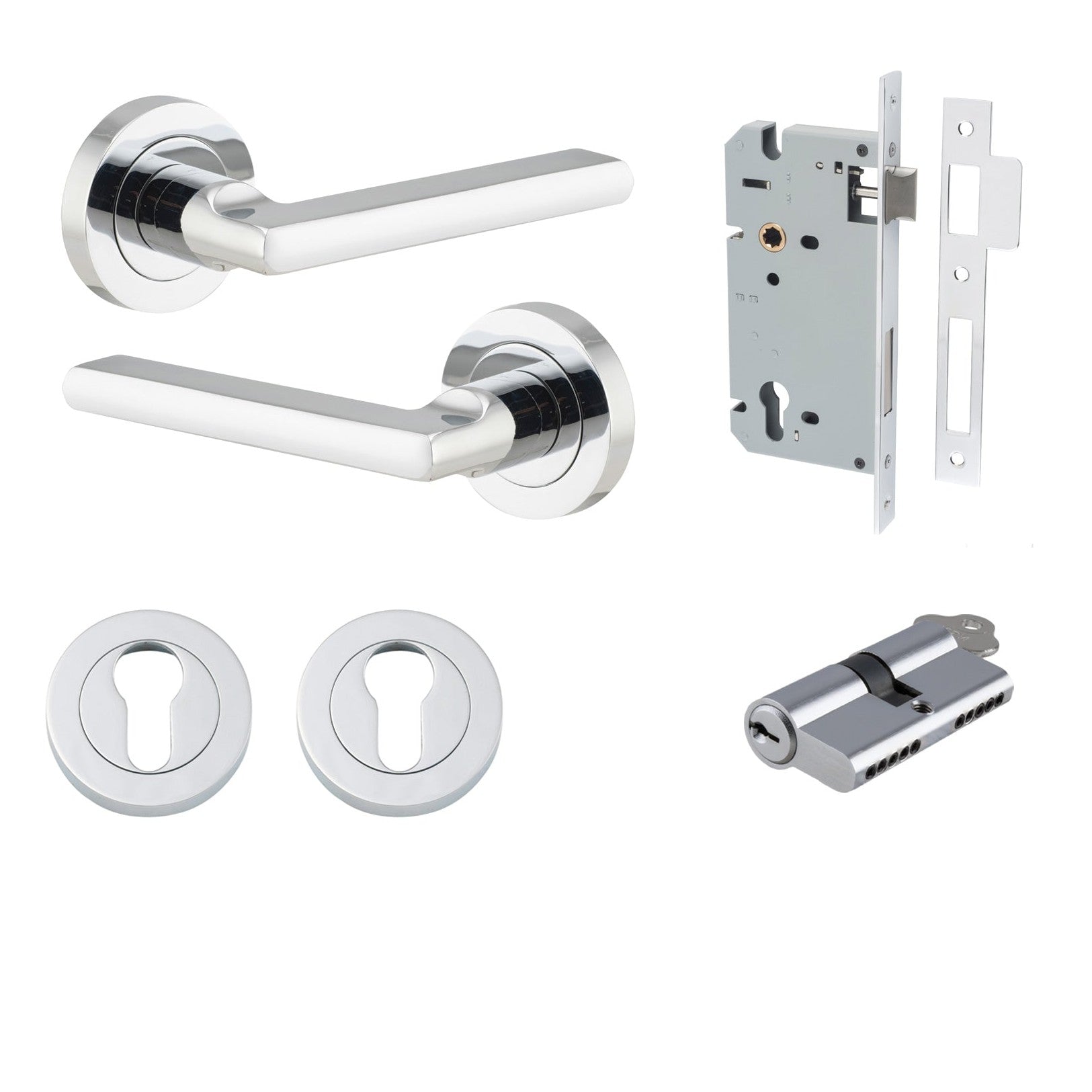 Iver Door Handle Baltimore Round Rose Pair Key/Key Polished Chrome Entrance Kit