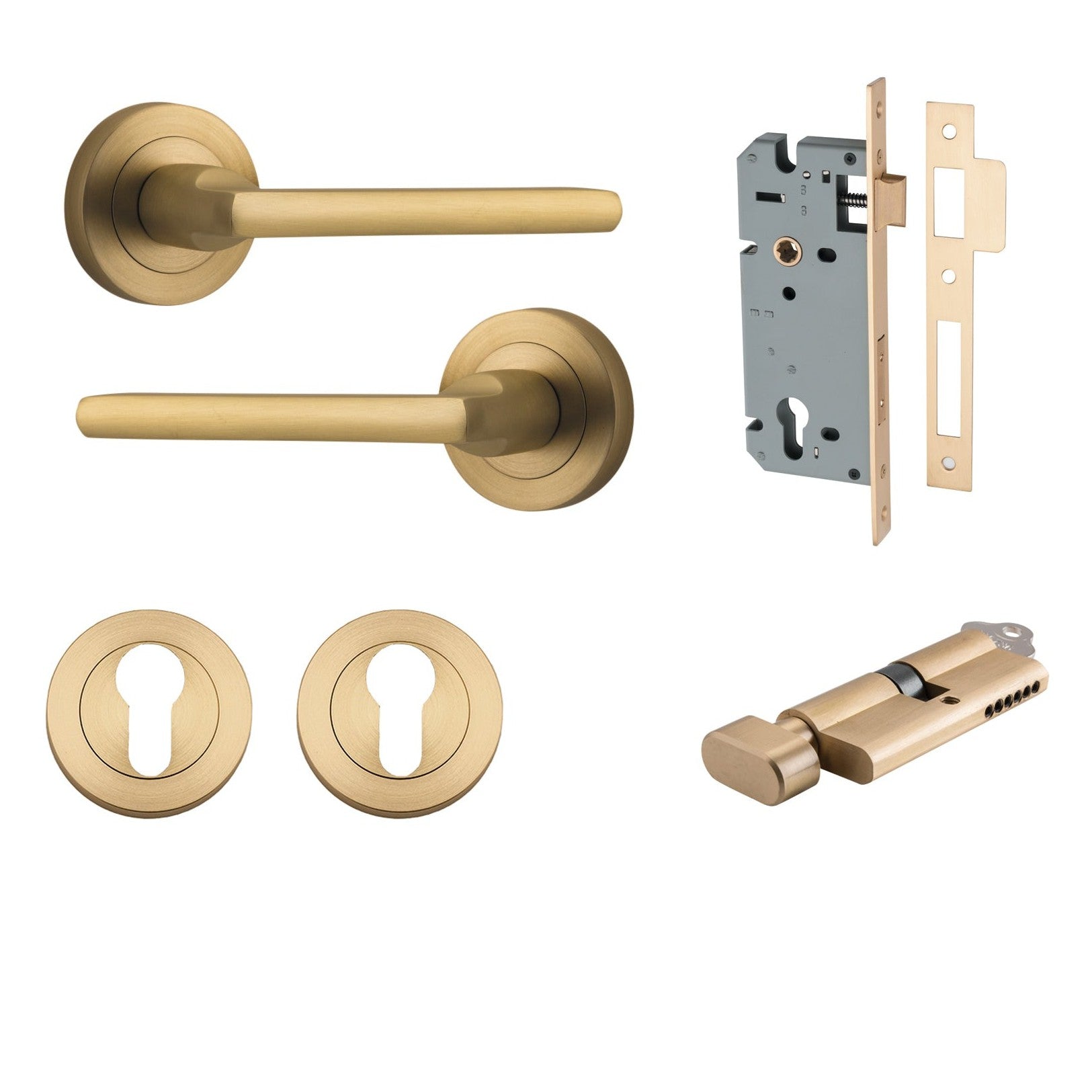 Iver Door Handle Baltimore Round Rose Pair Key/Thumb Brushed Brass Entrance Kit