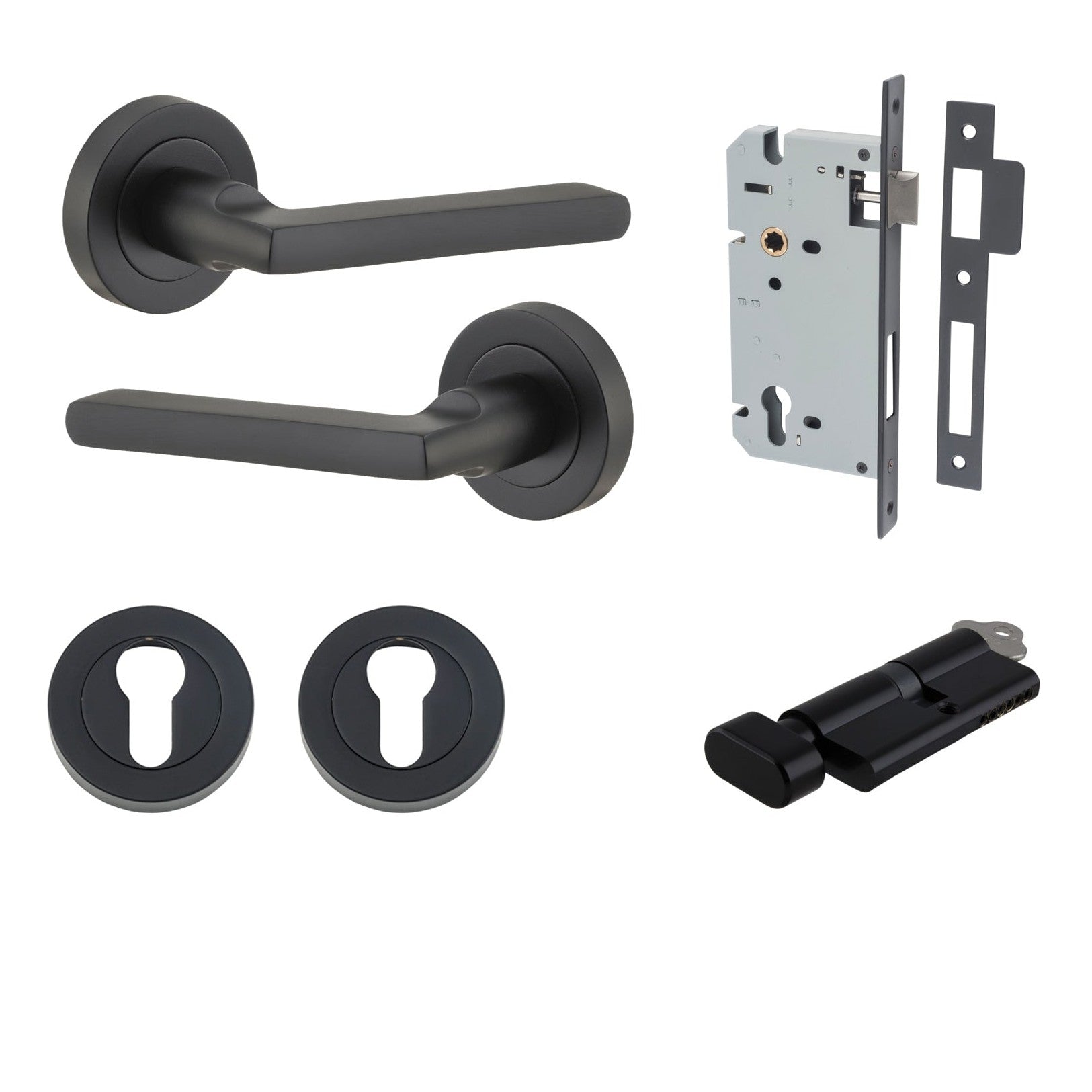 Iver Door Handle Baltimore Round Rose Pair Key/Thumb Matt Black Entrance Kit