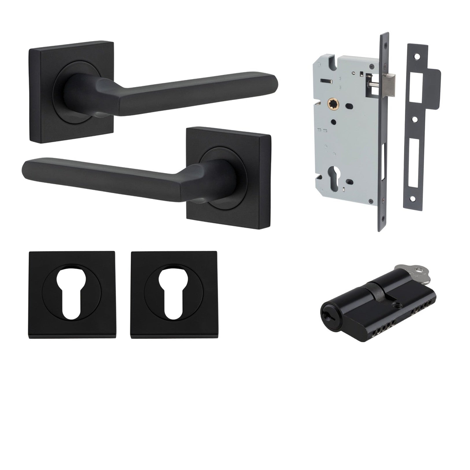 Iver Door Handle Baltimore Square Rose Pair Key/Key Matt Black Entrance Kit