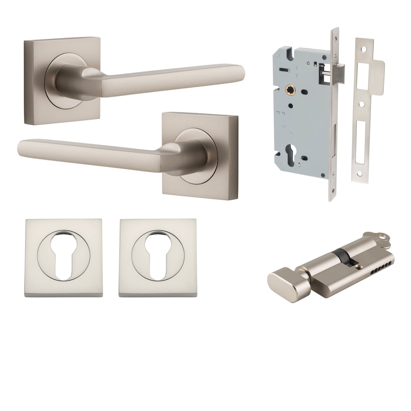 Iver Door Handle Baltimore Square Rose Pair Key/Thumb Satin Nickel Entrance Kit