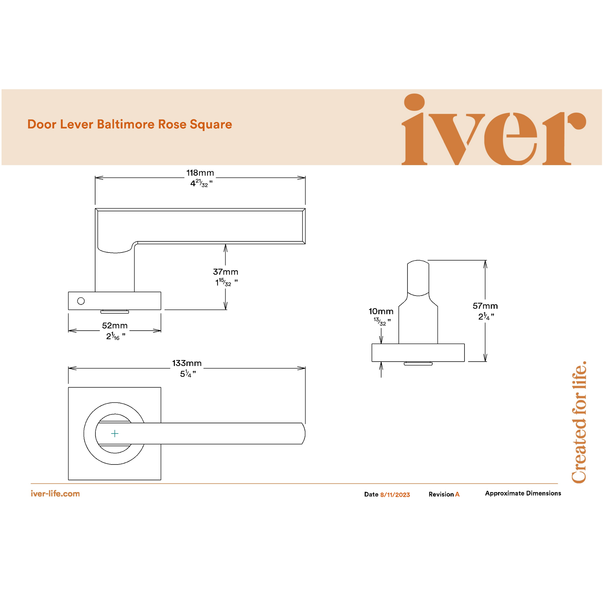 Iver Door Handle Baltimore Square Rose Pair Polished Brass