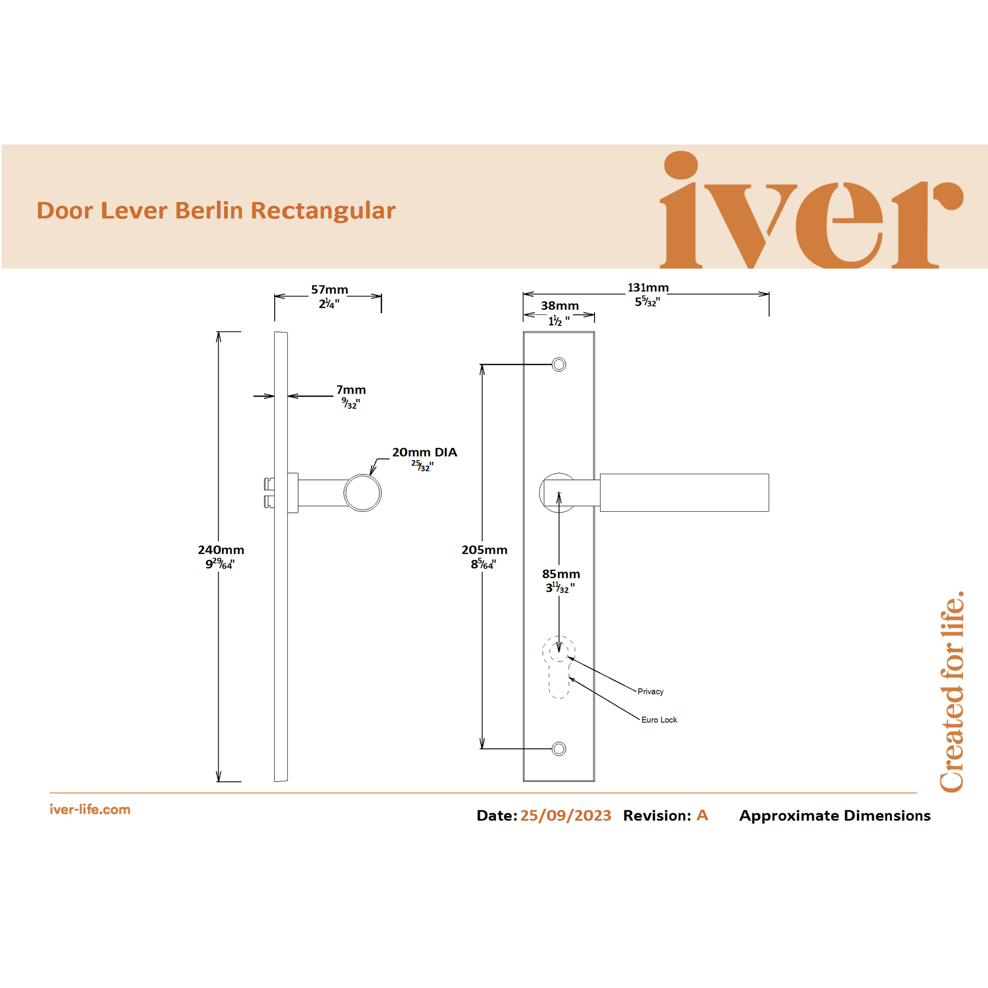 Iver Door Handle Berlin Rectangular Privacy Brushed Brass Privacy Kit