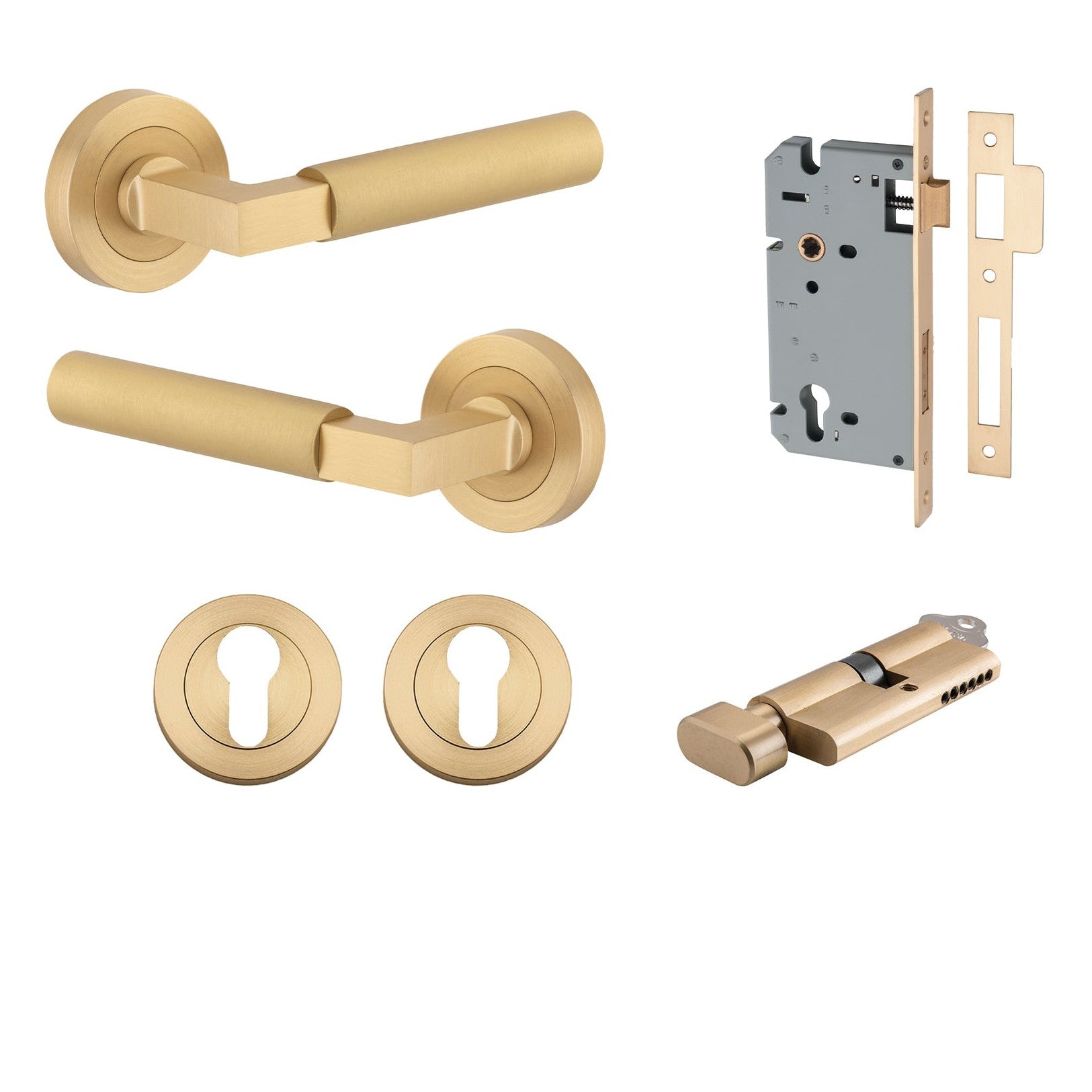 Iver Door Handle Berlin Rose Round Pair Key/Thumb Brushed Brass Entrance Kit