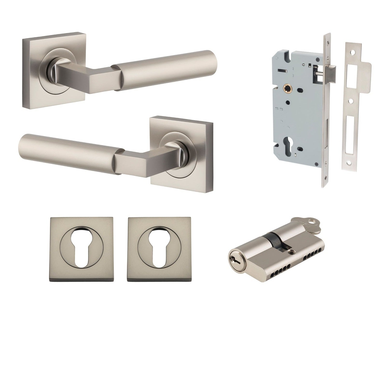 Iver Door Handle Berlin Rose Square Pair Key/Key Satin Nickel Entrance Kit