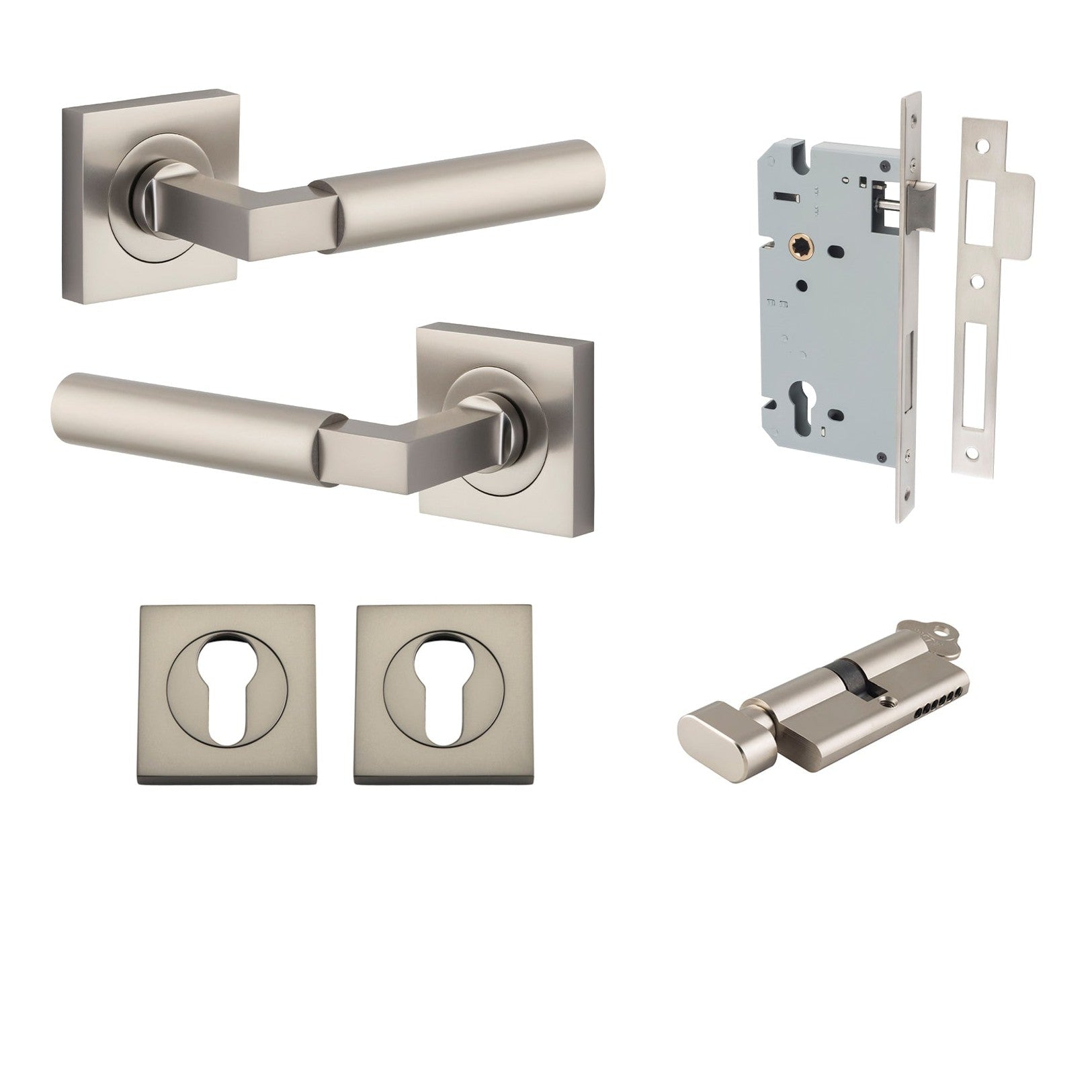 Iver Door Handle Berlin Rose Square Pair Key/Thumb Satin Nickel Entrance Kit