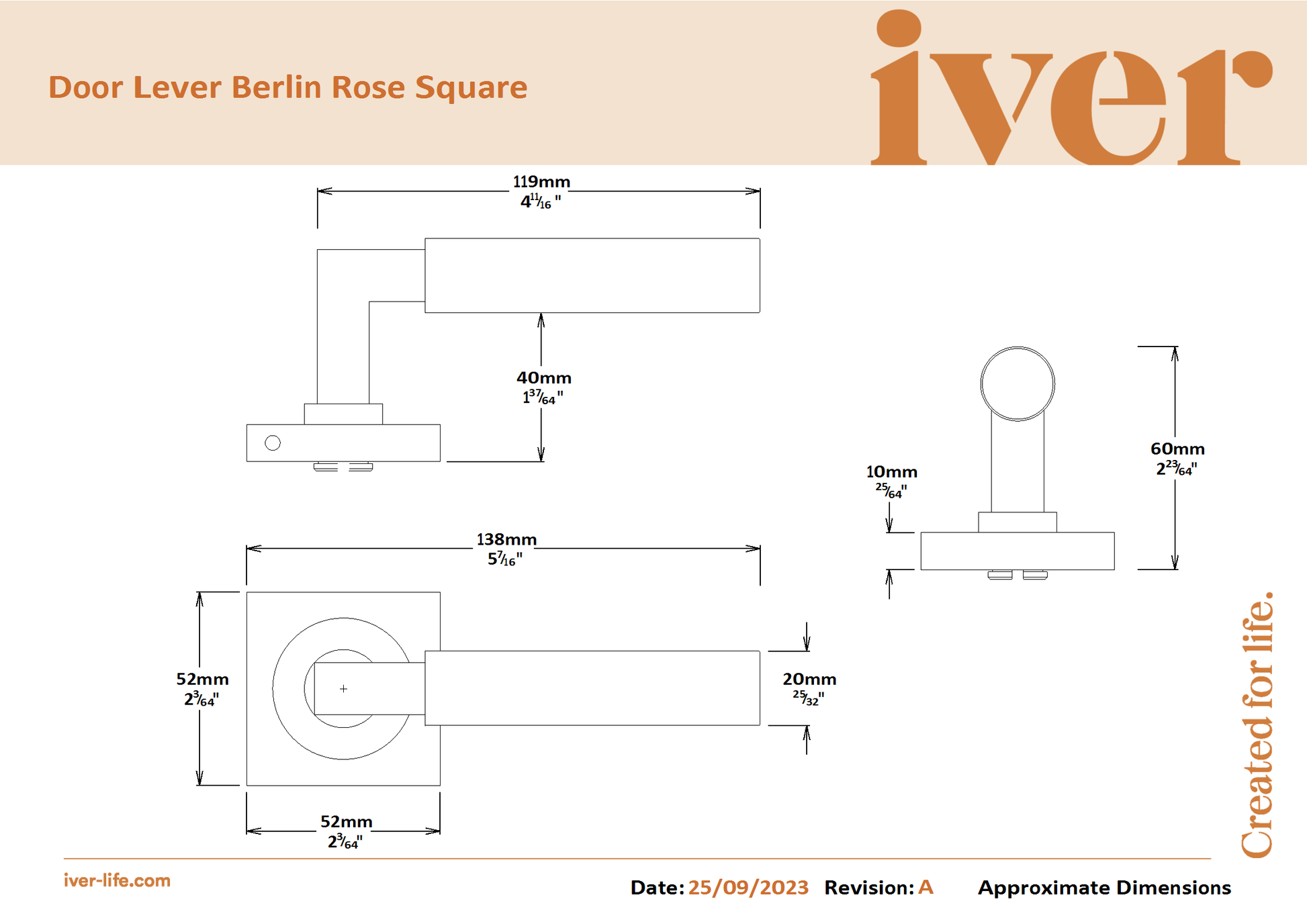 Iver Door Handle Berlin Square Rose Pair Polished Brass