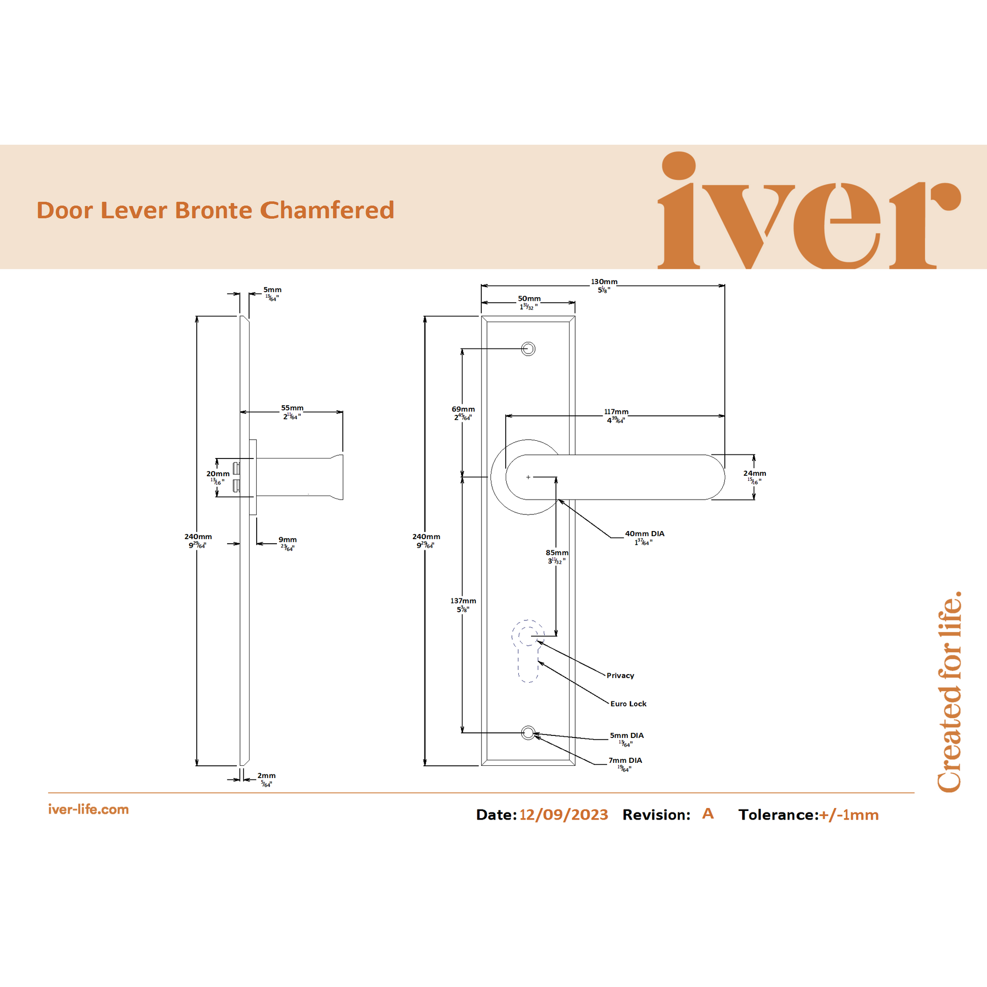 Iver Door Handle Bronte Chamfered Latch Satin Nickel