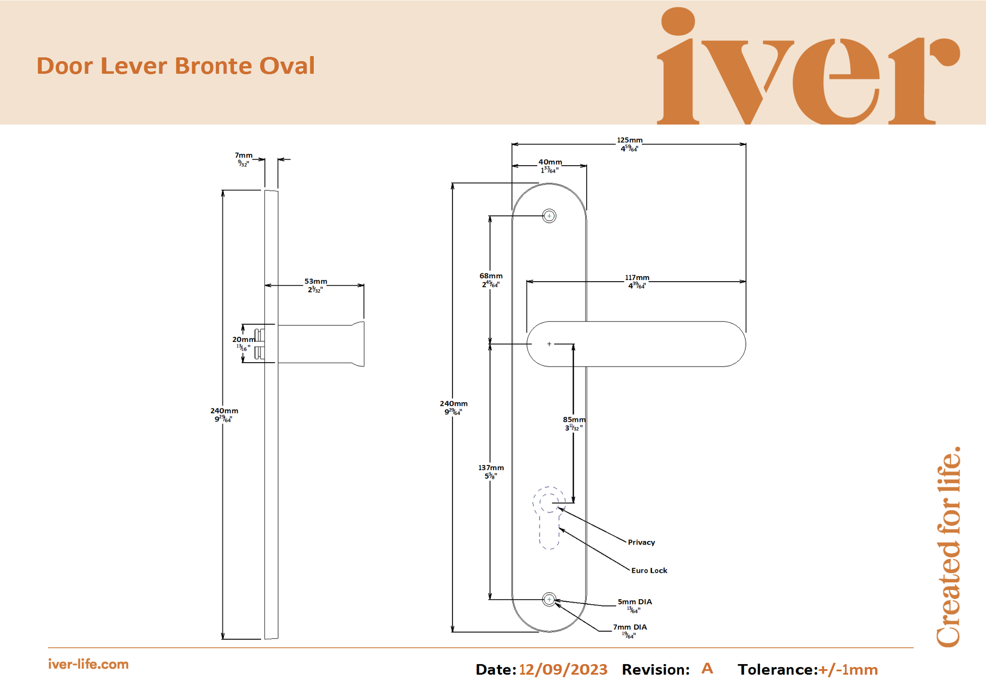 Iver Door Handle Bronte Oval Privacy Polished Brass