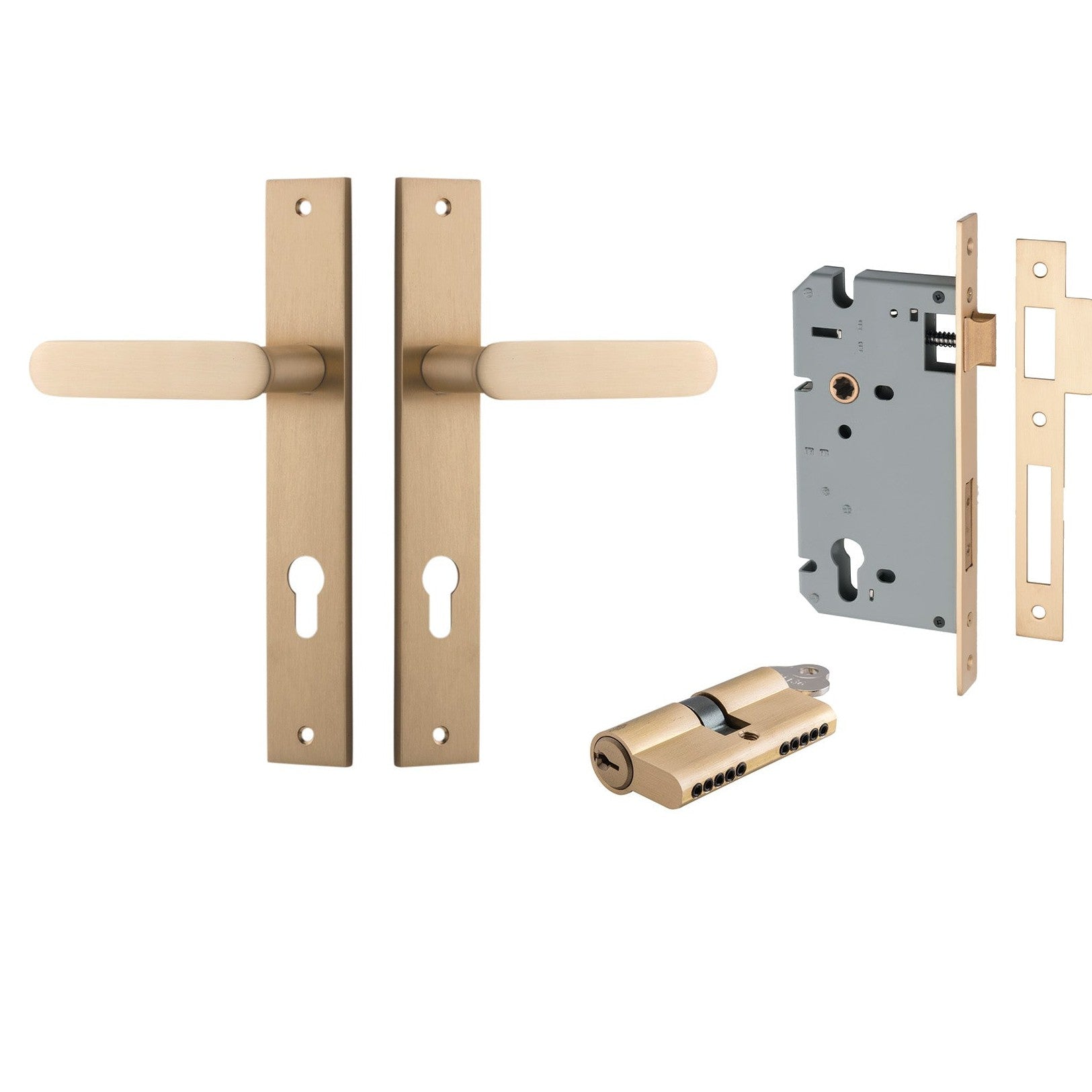 Iver Door Handle Bronte Rectangular Euro Pair Key/Key Brushed Brass Entrance Kit