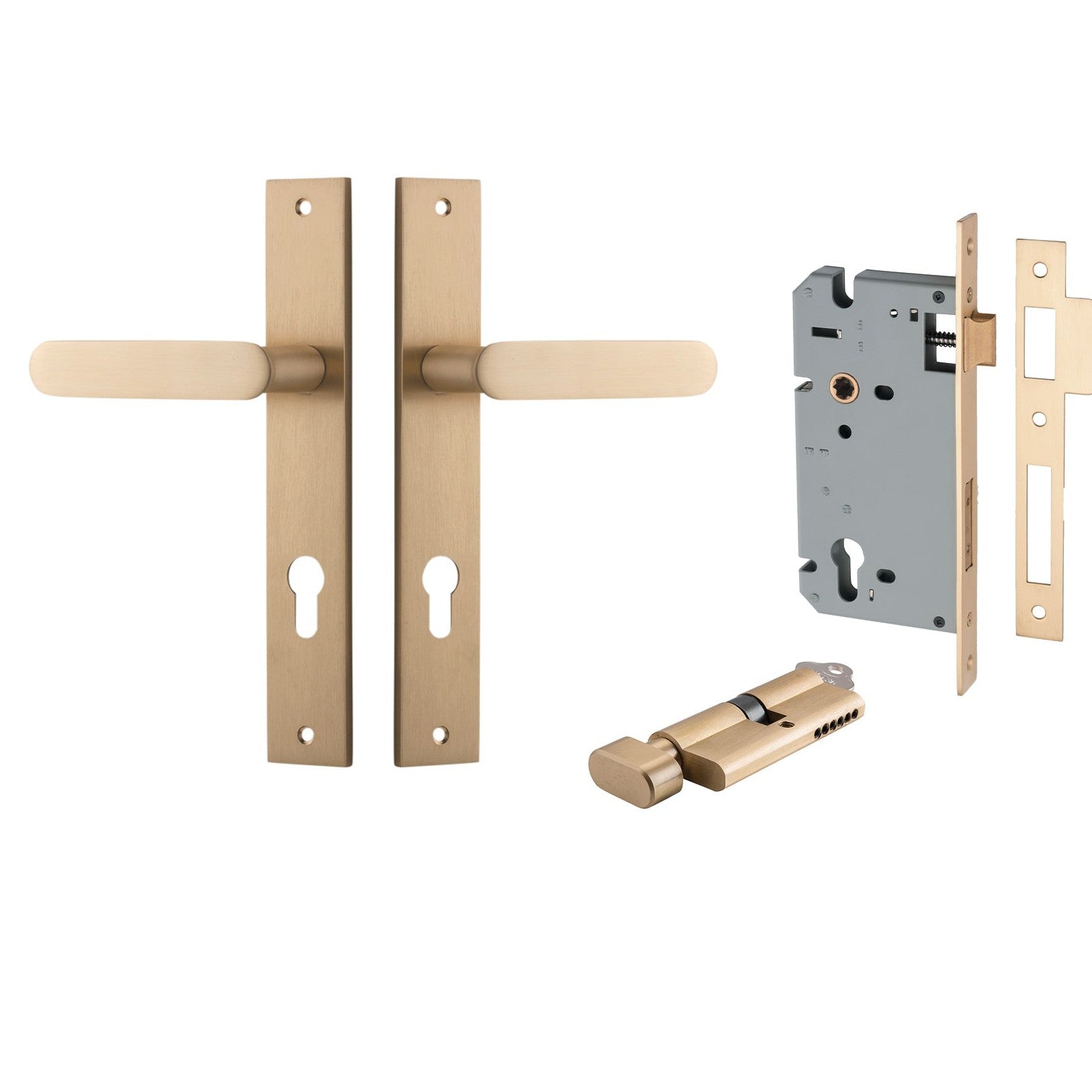 Iver Door Handle Bronte Rectangular Euro Pair Key/Thumb Brushed Brass Entrance Kit