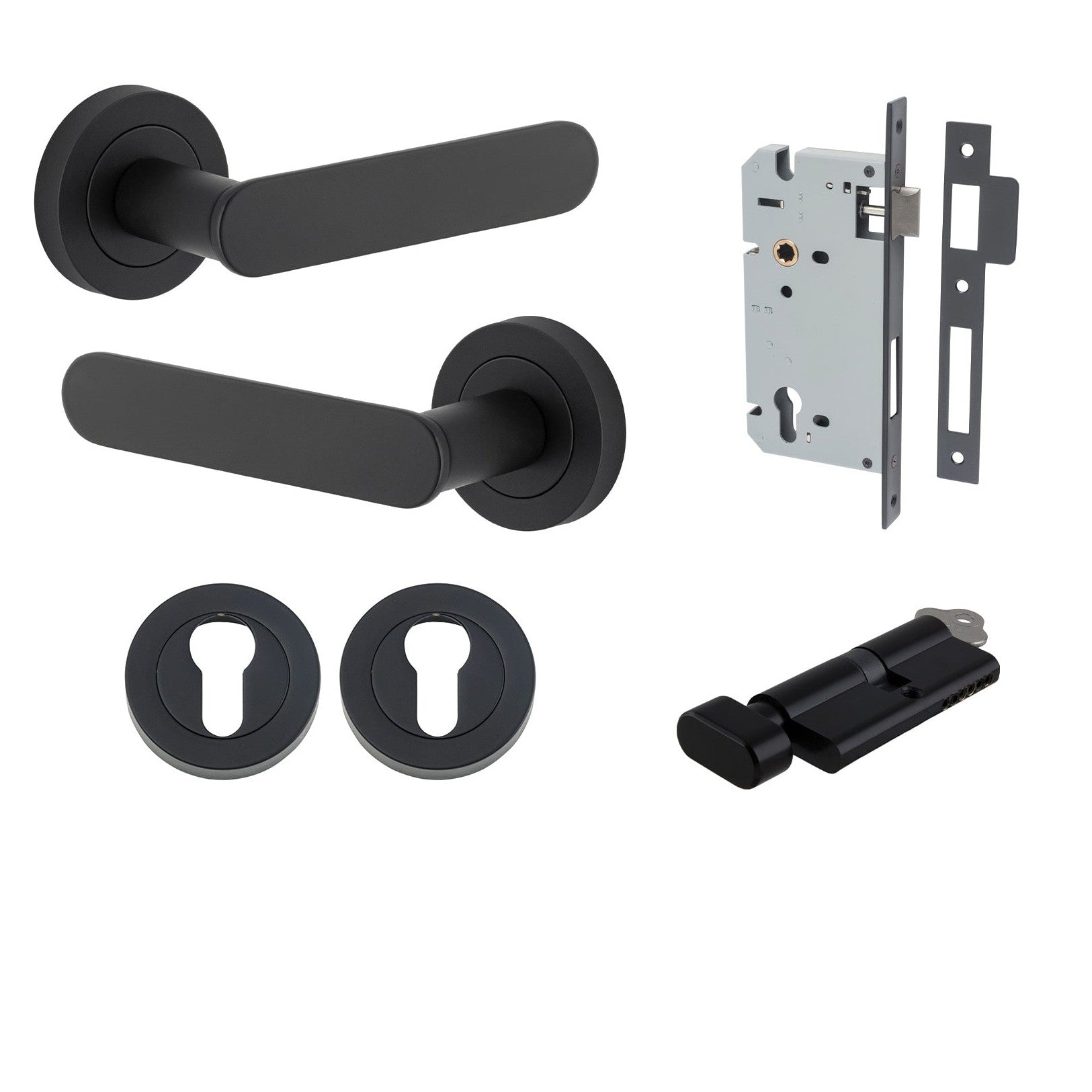 Iver Door Handle Bronte Rose Round Pair Key/Thumb Matt Black Entrance Kit