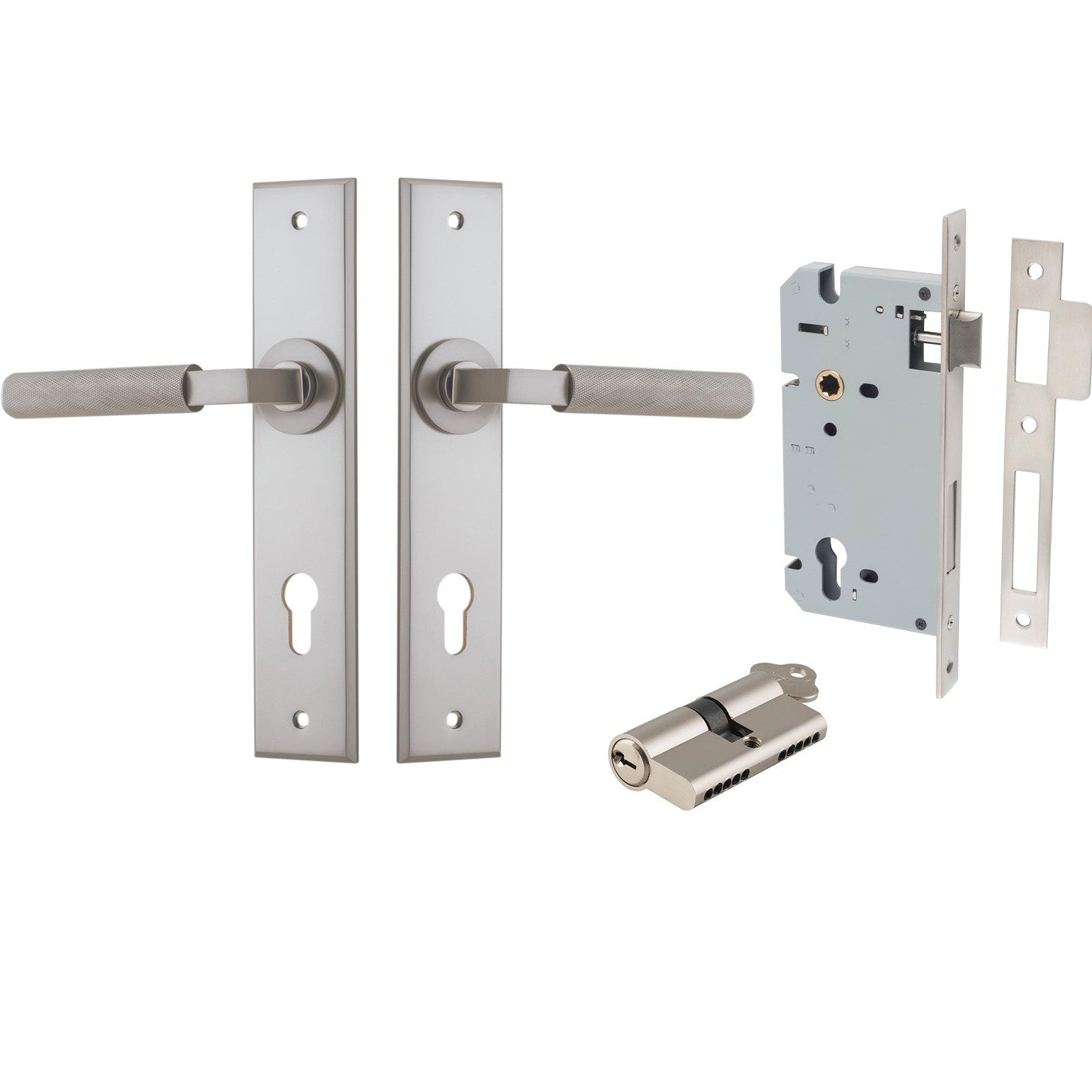 Iver Door Handle Brunswick Chamfered Key/Key Satin Nickel Entrance Kit