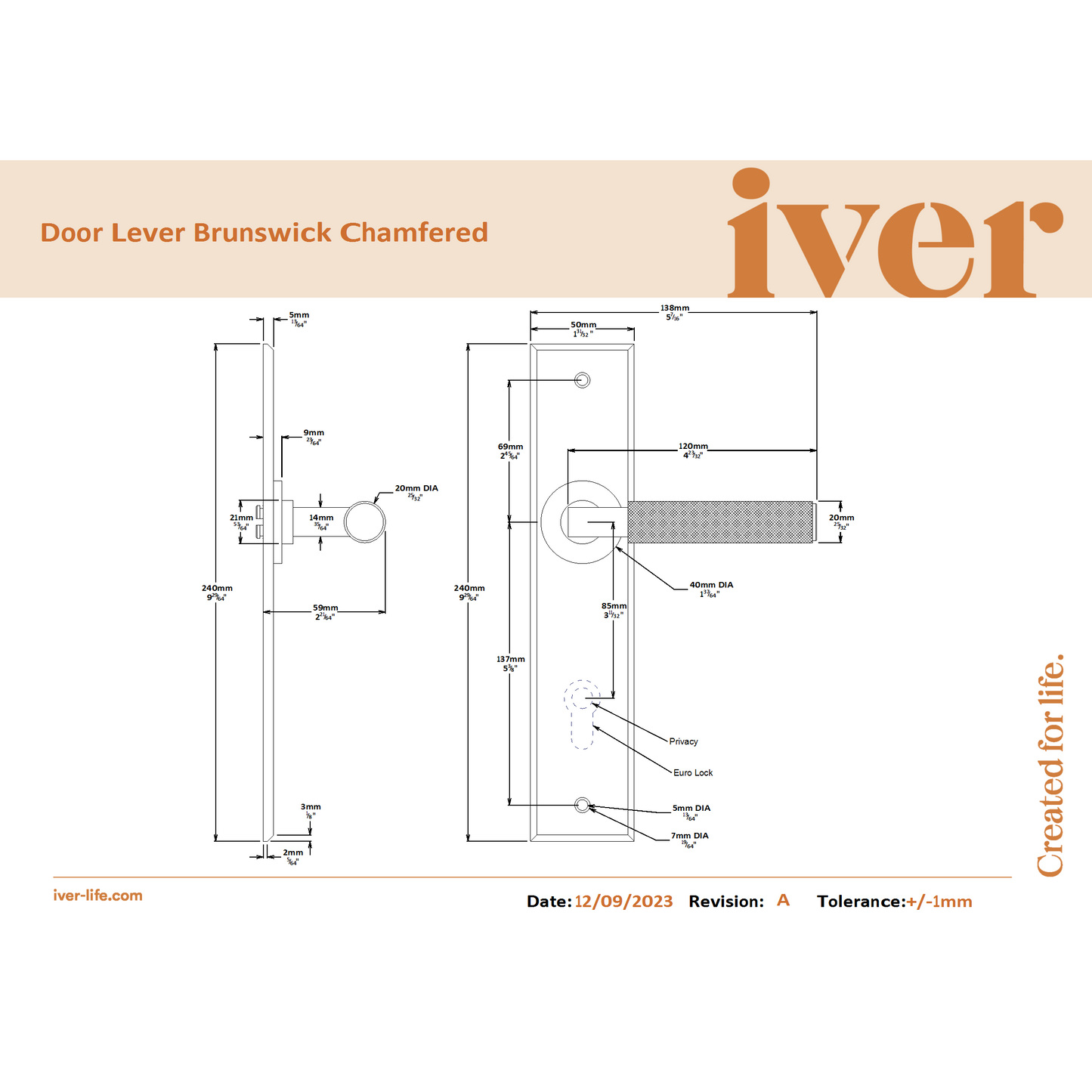 Iver Door Handle Brunswick Chamfered Privacy Brushed Chrome Privacy Kit