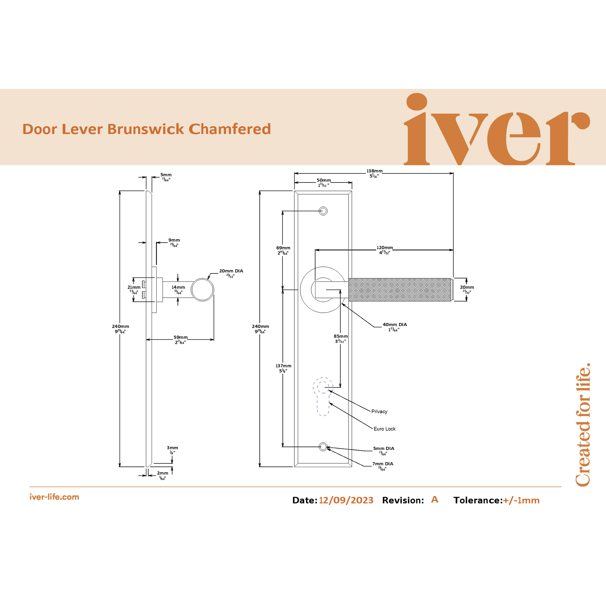 Iver Door Handle Brunswick Chamfered Privacy Brushed Chrome Privacy Kit