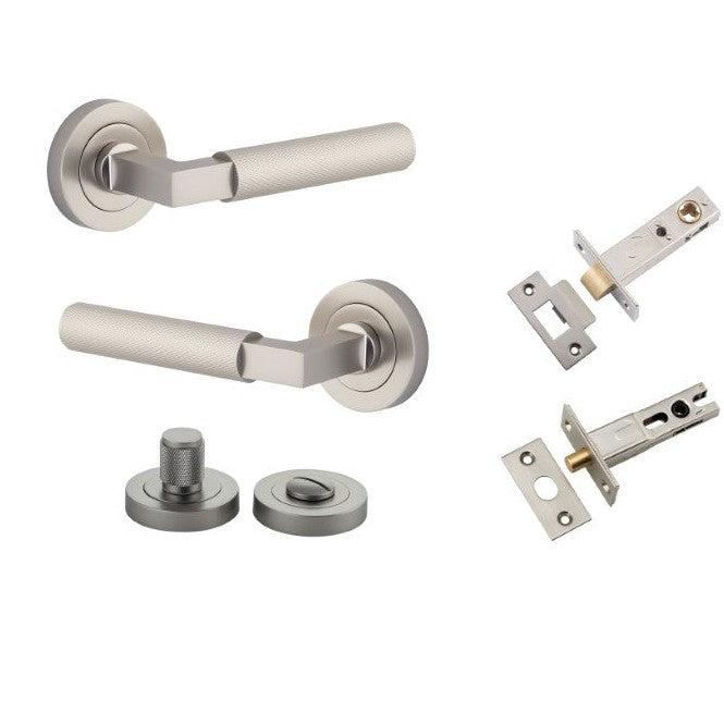 Iver Door Handle Brunswick Knurled Rose Round Satin Nickel Privacy Kit