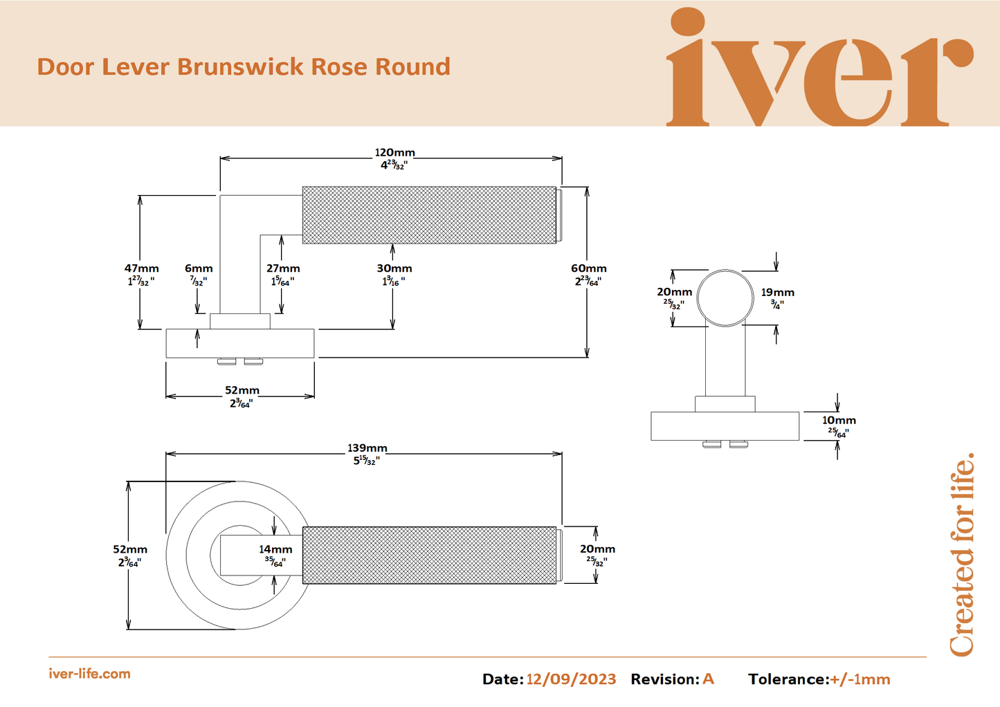 Iver Door Handle Brunswick Knurled Round Rose Pair Brushed Gold PVD