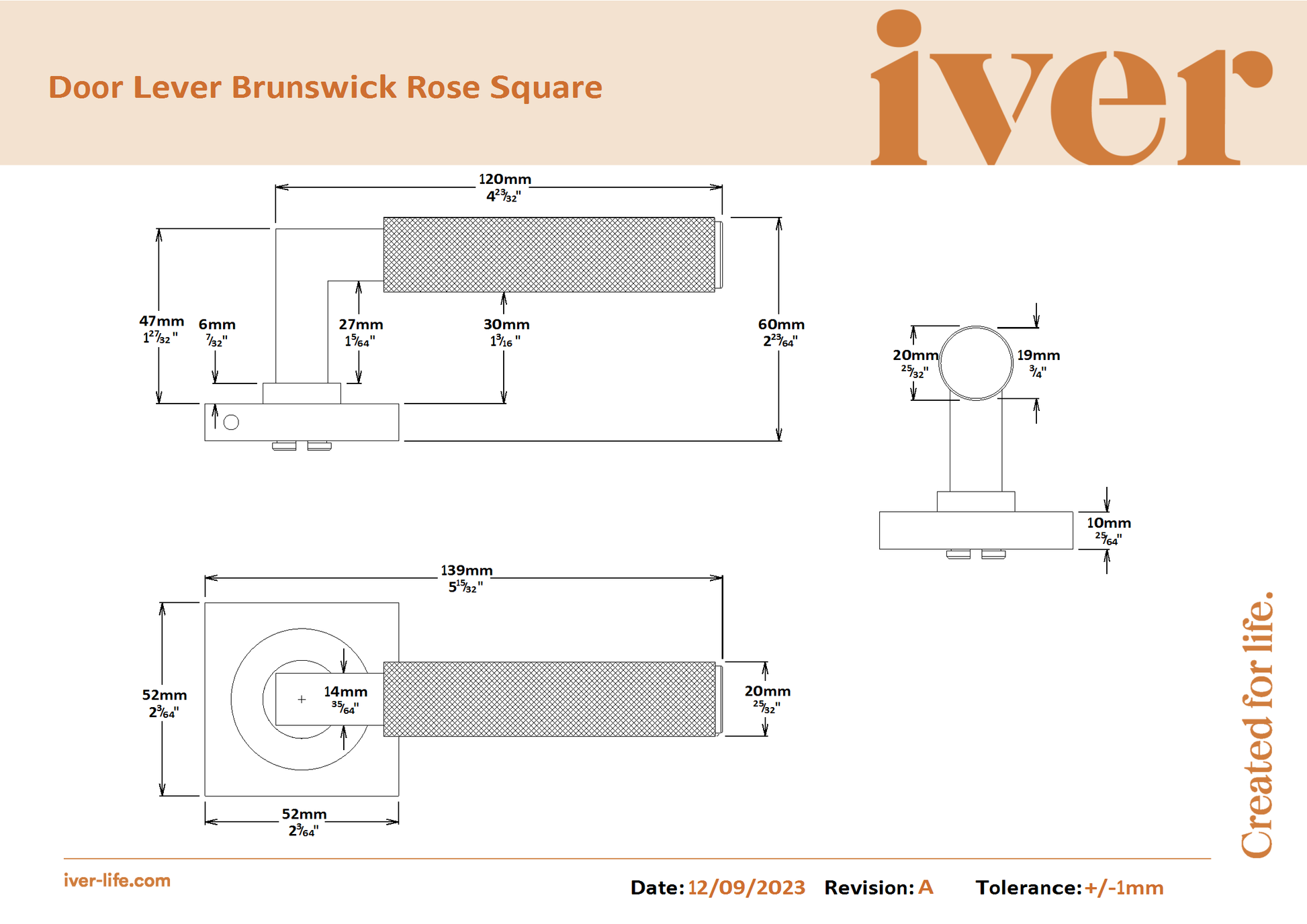 Iver Door Handle Brunswick Knurled Square Rose Pair Brushed Gold PVD