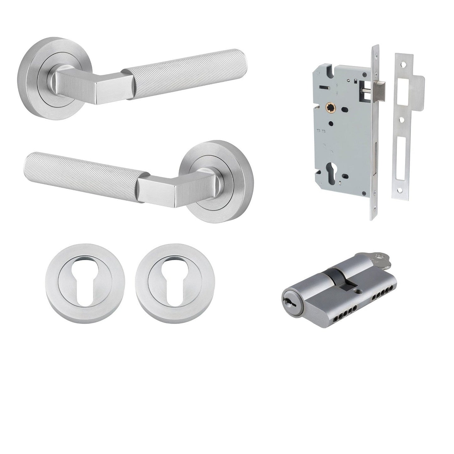 Iver Door Handle Brunswick Rose Round Pair Key/Key Brushed Chrome Entrance Kit