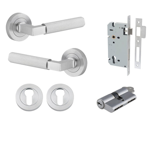 Iver Door Handle Brunswick Rose Round Pair Key/Key Brushed Chrome Entrance Kit
