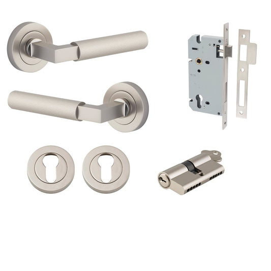 Iver Door Handle Brunswick Rose Round Pair Key/Key Satin Nickel Entrance Kit