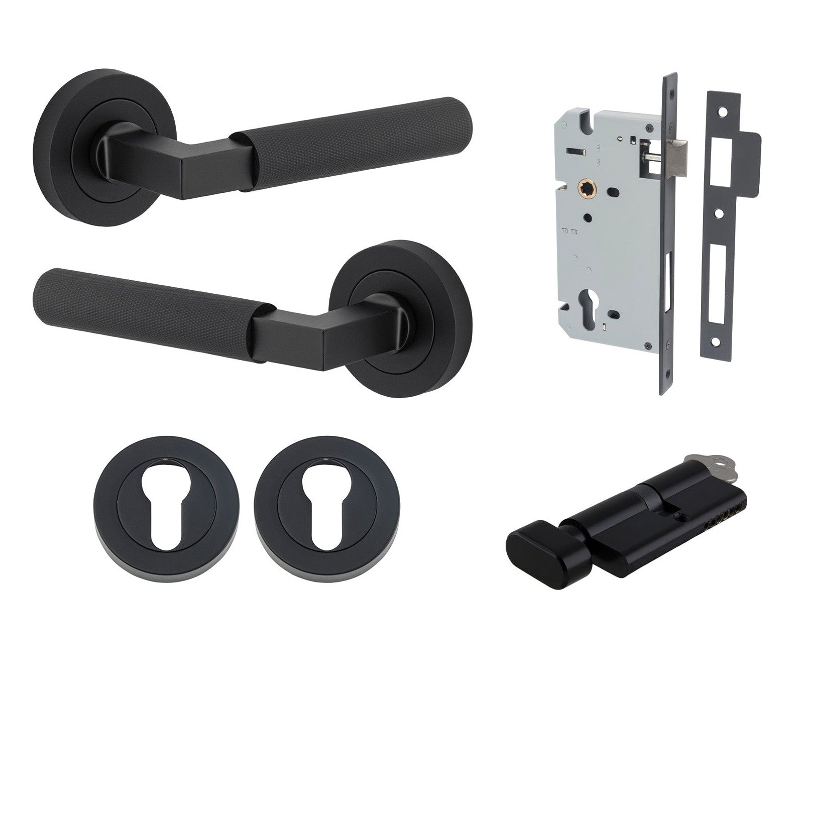 Iver Door Handle Brunswick Rose Round Pair Key/Thumb Matt Black Entrance Kit