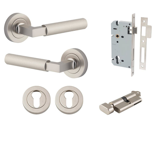 Iver Door Handle Brunswick Rose Round Pair Key/Thumb Satin Nickel Entrance Kit