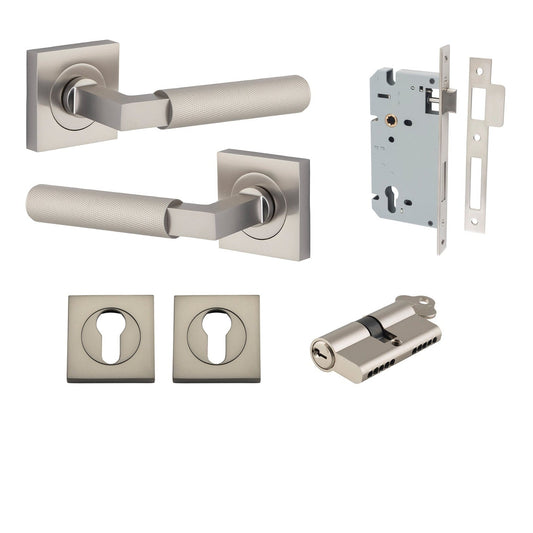 Iver Door Handle Brunswick Rose Square Pair Key/Key Satin Nickel Entrance Kit