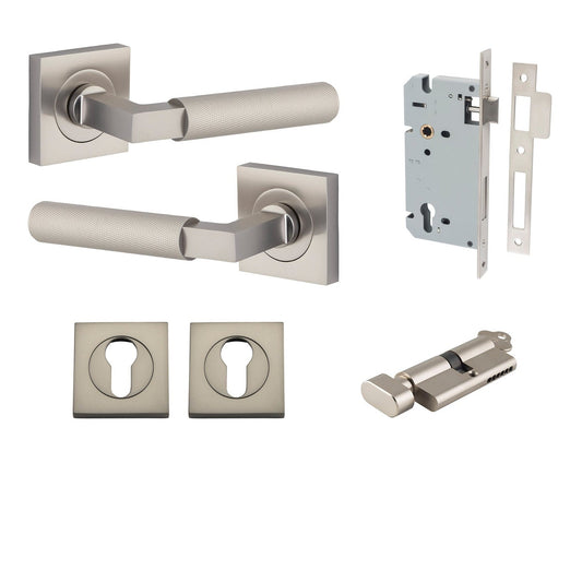 Iver Door Handle Brunswick Rose Square Pair Key/Thumb Satin Nickel Entrance Kit