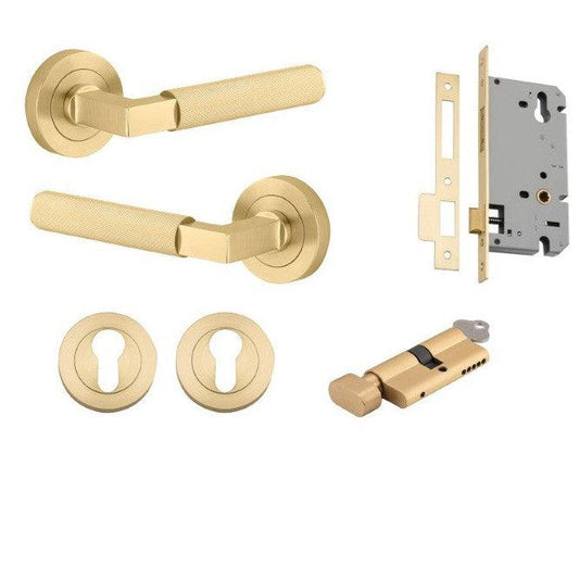 Iver Door Handle Brunswick Round Rose Pair Key/Thumb Brushed Gold PVD Entrance Kit