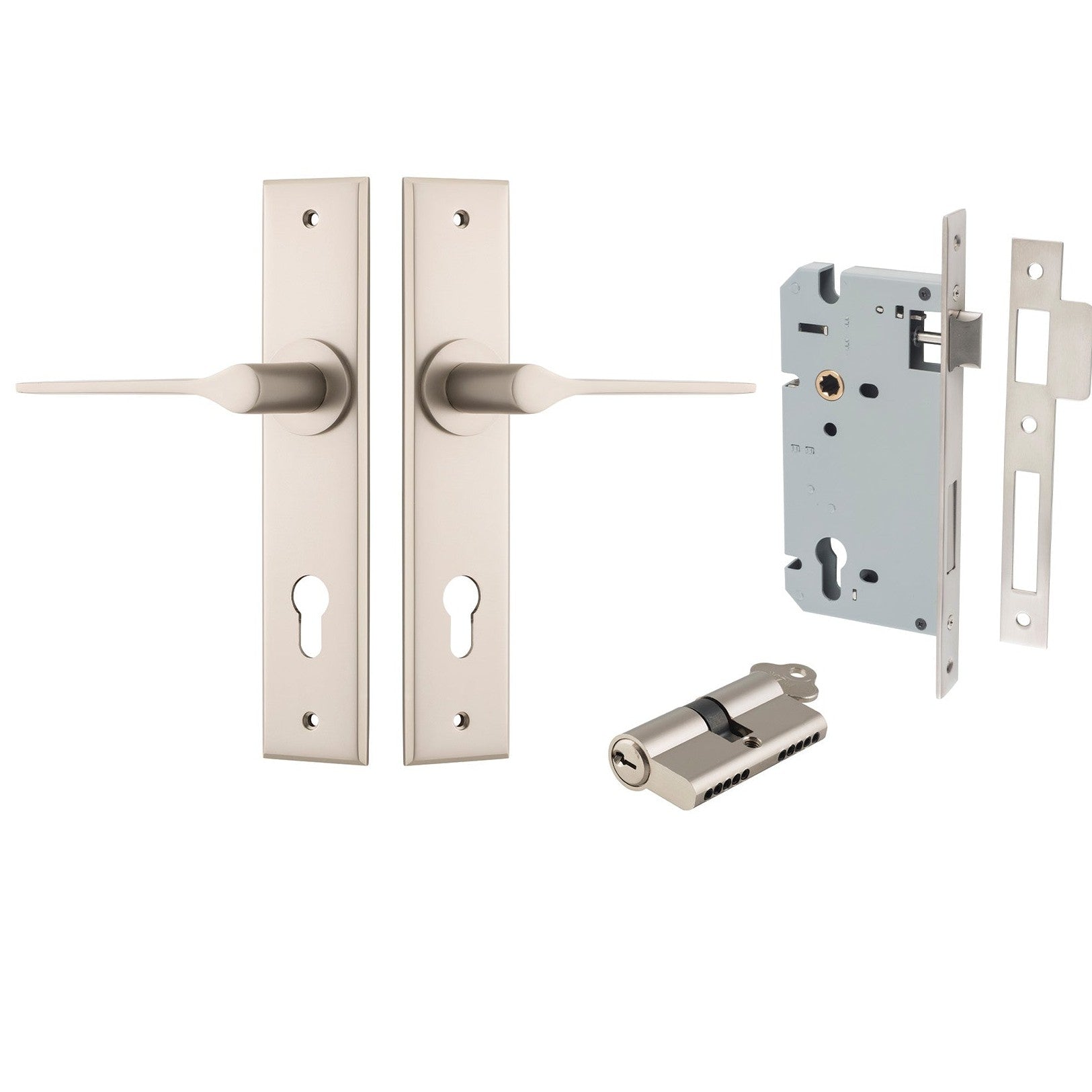 Iver Door Handle Como Chamfered Key/Key Satin Nickel Entrance Kit