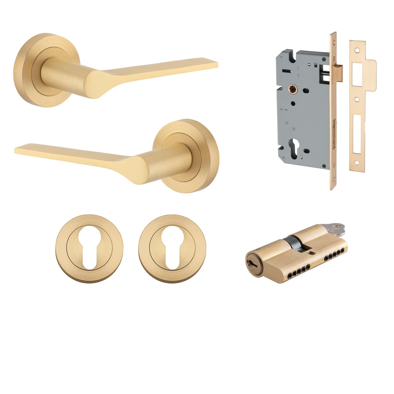 Iver Door Handle Como Rose Round Pair Key/Key Brushed Brass Entrance Kit