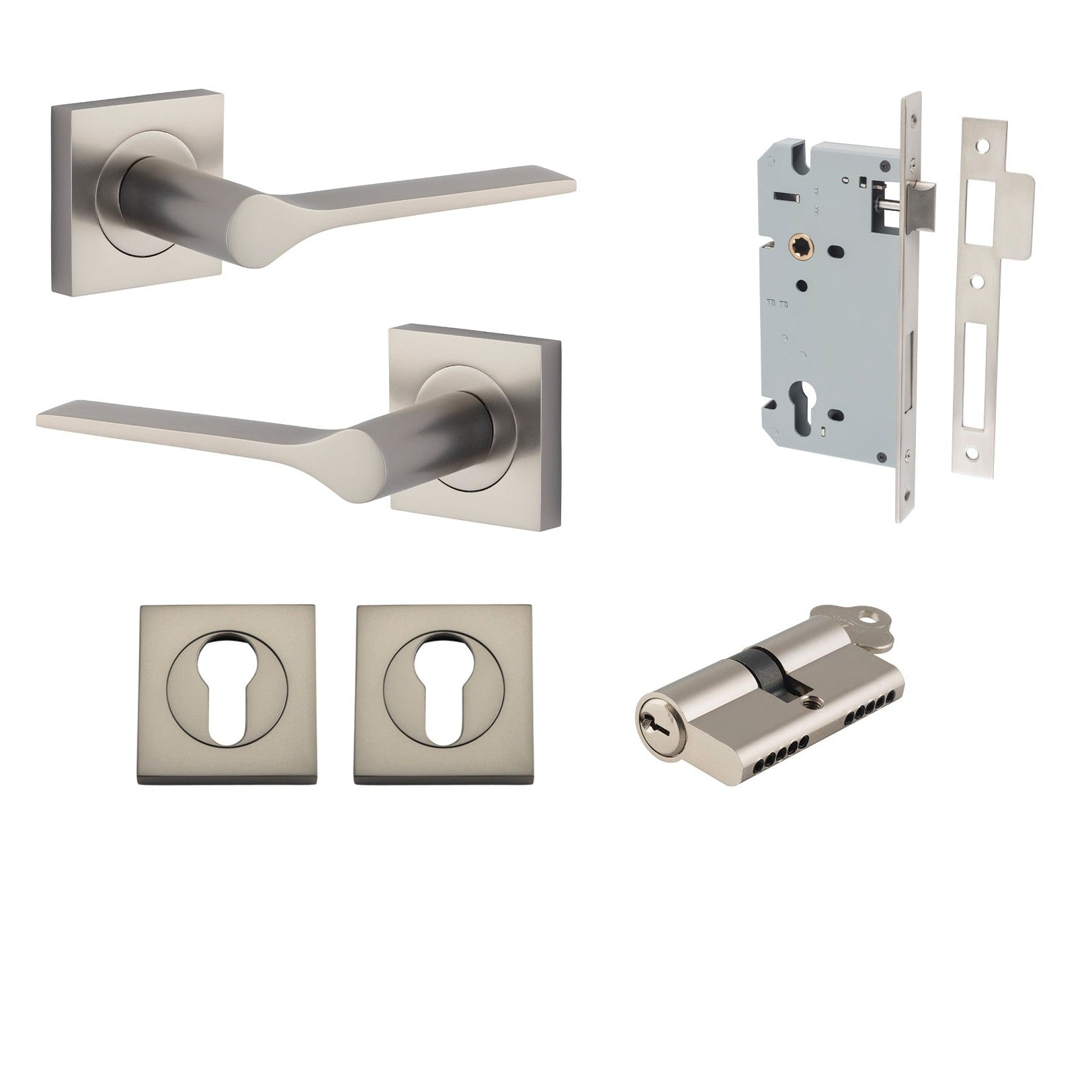 Iver Door Handle Como Rose Square Pair Key/Key Satin Nickel Entrance Kit