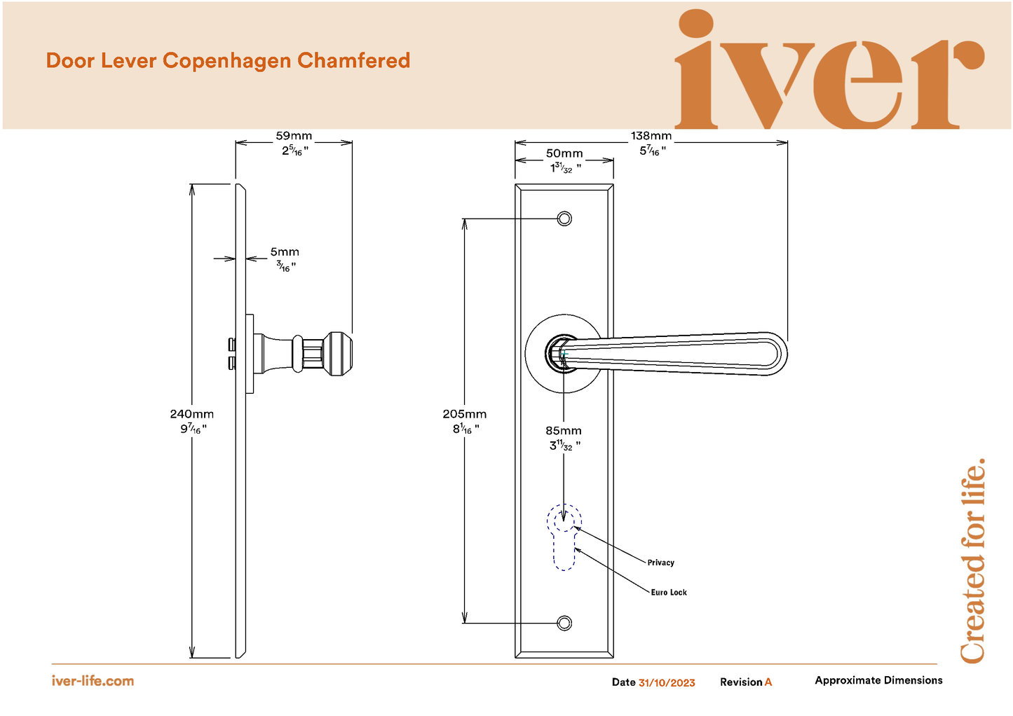 Iver Door Handle Copenhagen Chamfered Key/Key Distressed Nickel Entrance Kit