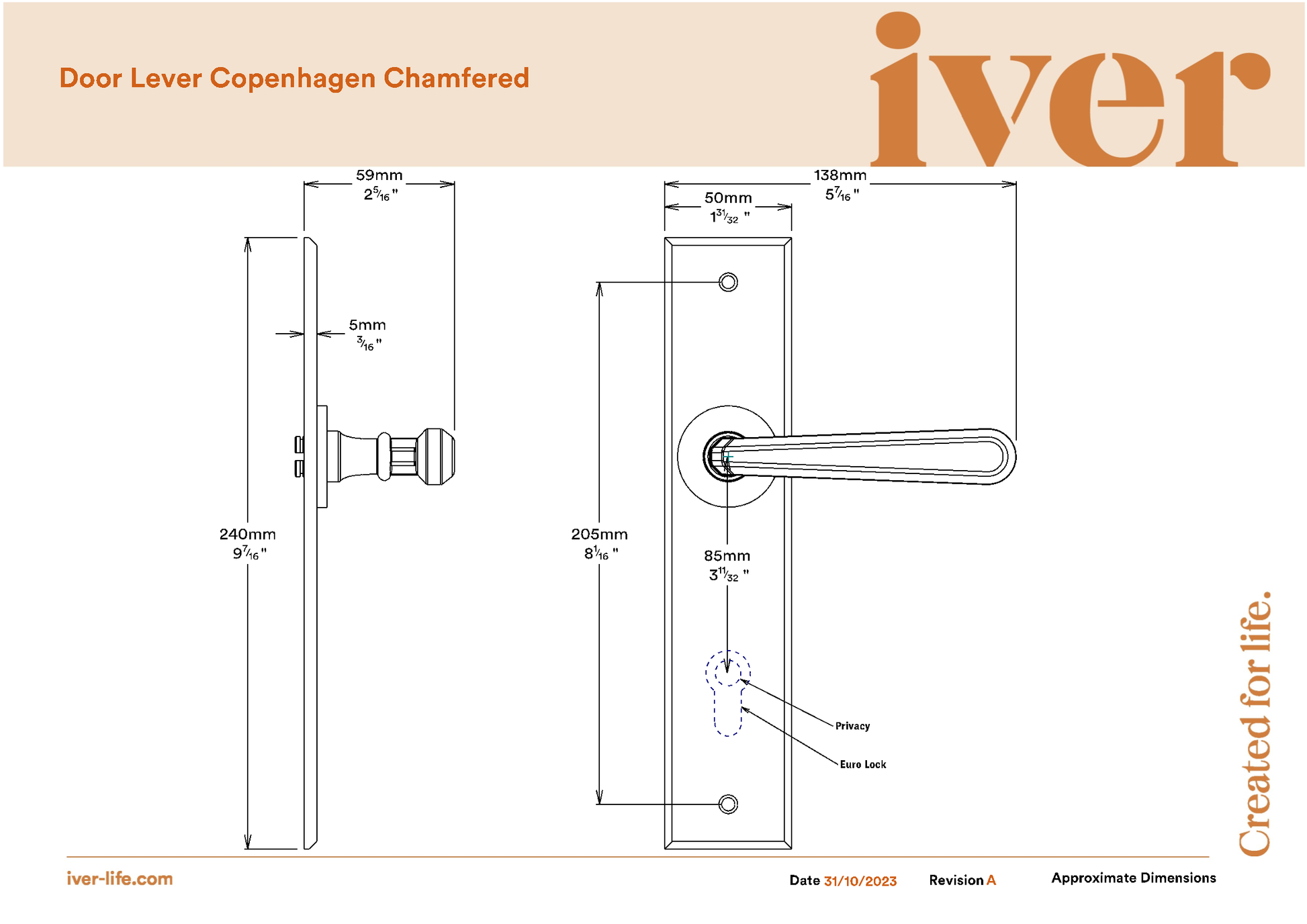 Iver Door Handle Copenhagen Chamfered Key/Key Distressed Nickel Entrance Kit