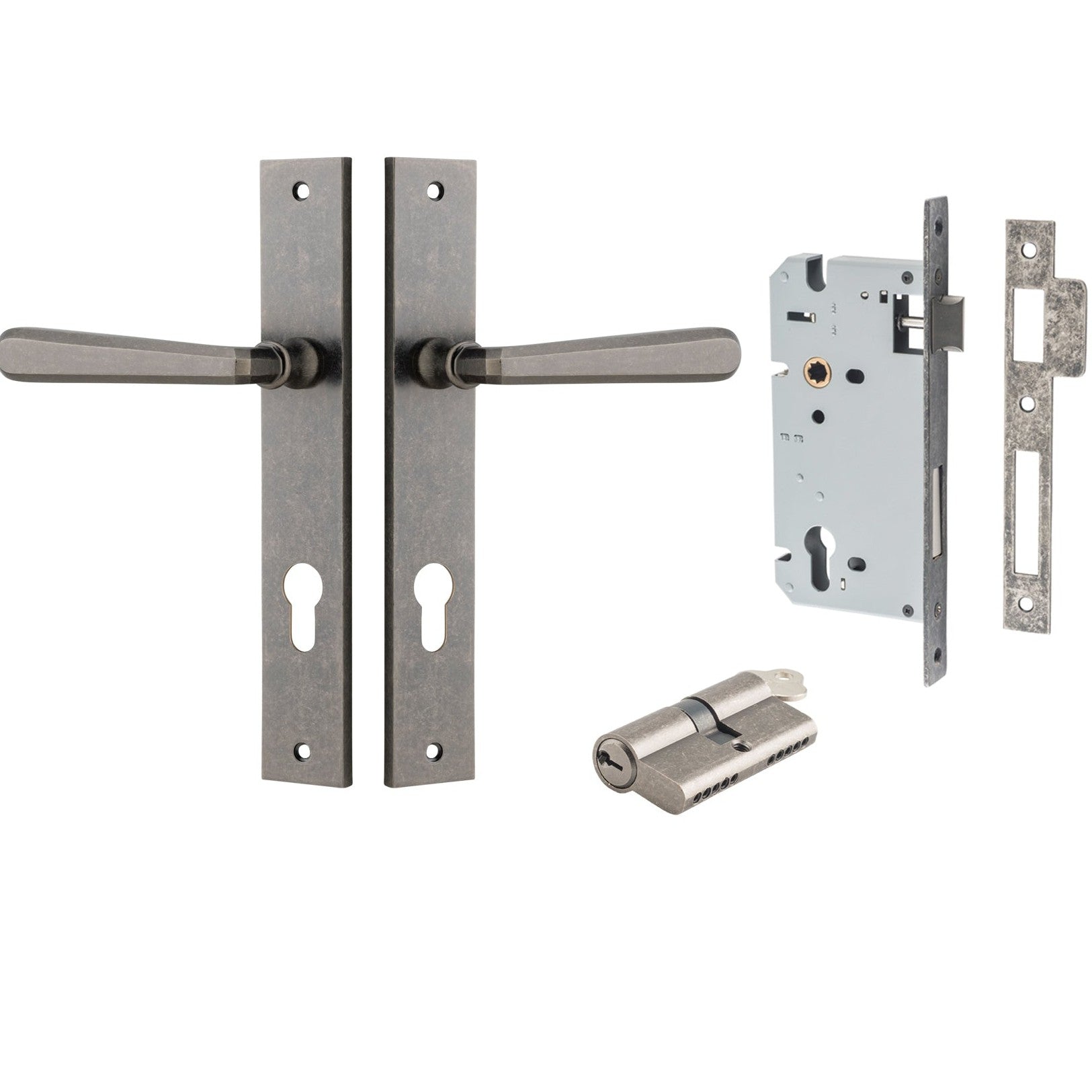 Iver Door Handle Copenhagen Rectangular Euro Pair Key/Key Distressed Nickel Entrance Kit