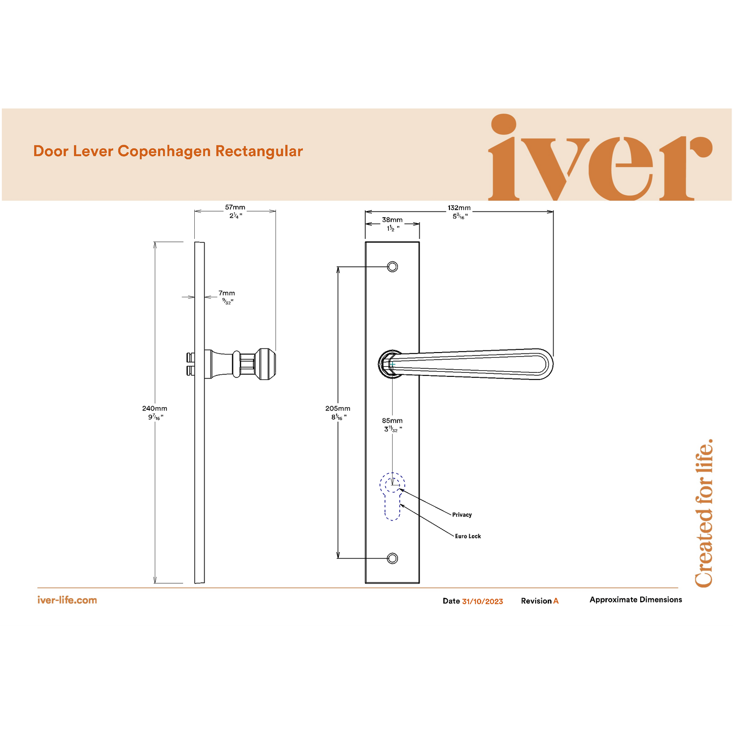 Iver Door Handle Copenhagen Rectangular Privacy Pair Brushed Chrome Inbuilt Privacy Kit