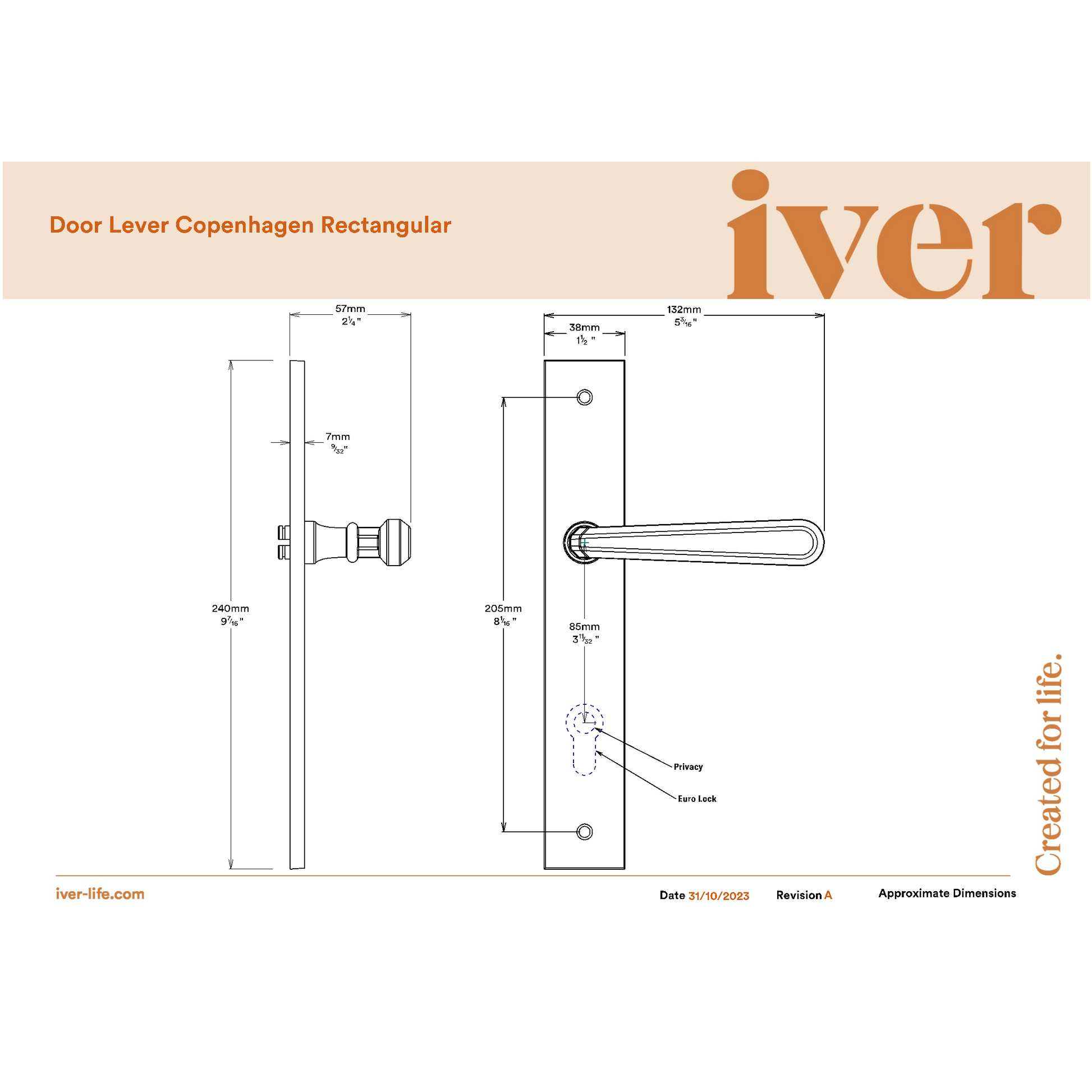 Iver Door Handle Copenhagen Rectangular Privacy Pair Signature Brass Inbuilt Privacy Kit