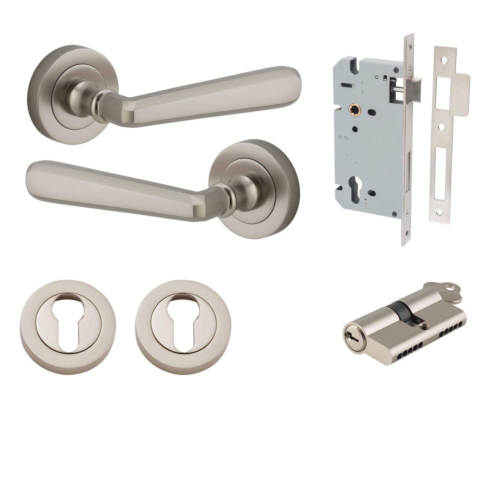 Iver Door Handle Copenhagen Round Rose Key/Key Satin Nickel Entrance Kit